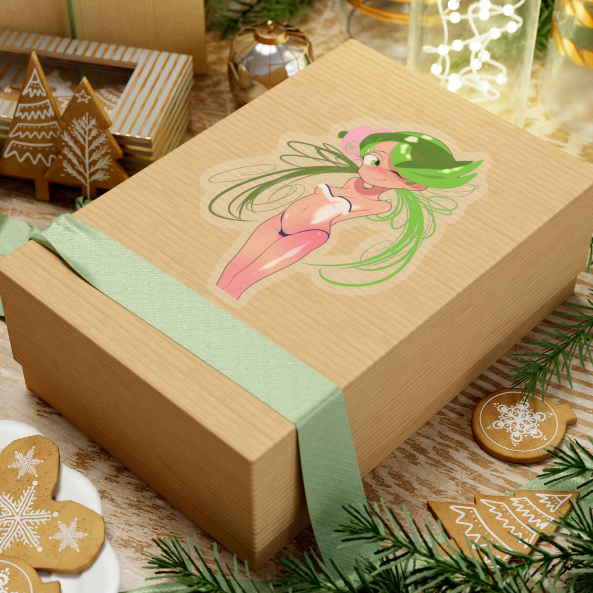 Green Fairy Pinup Sticker — Cute Anime-Style Kiss-Cut Laptop Sticker