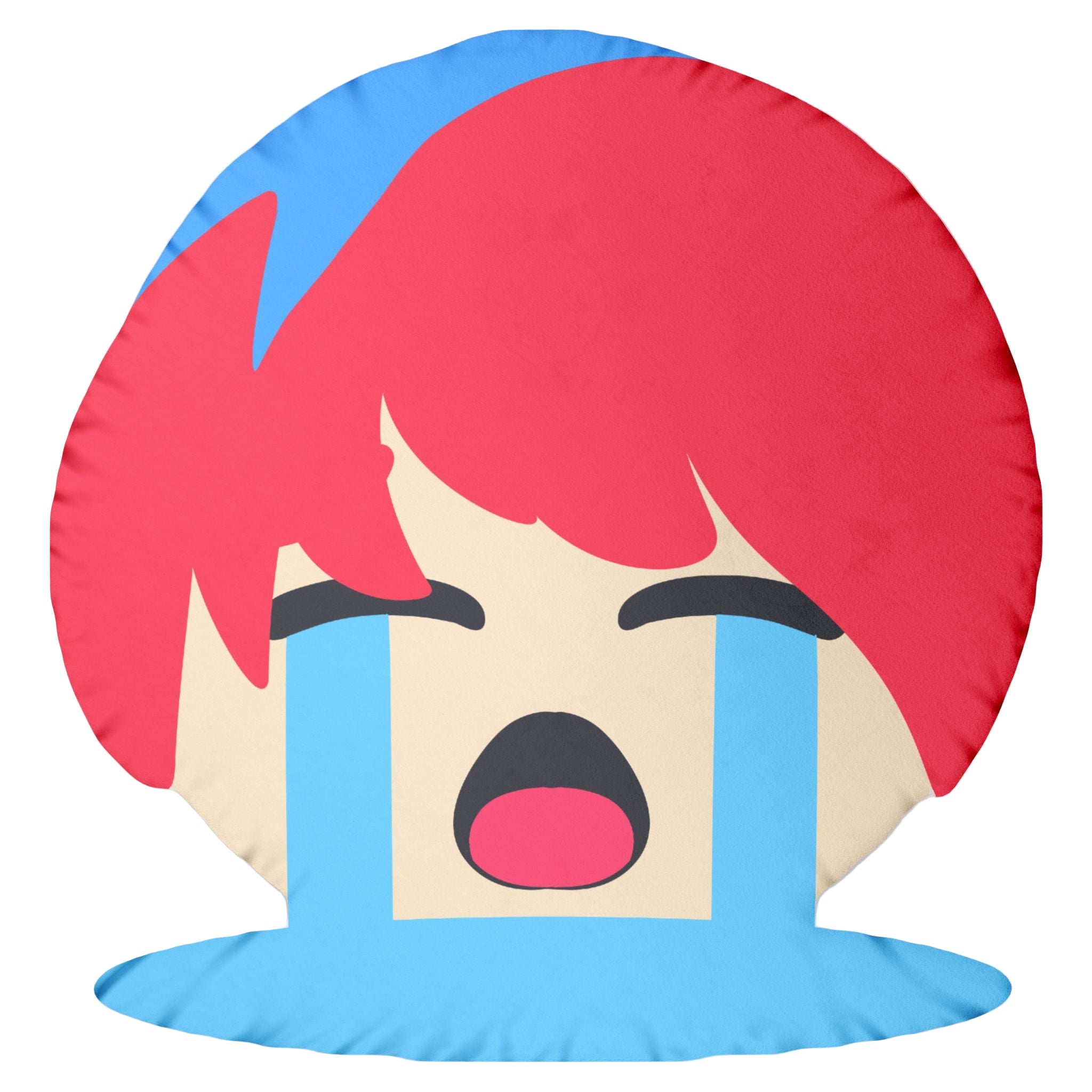 sad emoji pillow, crying anime character, emotional cartoon cushion.
