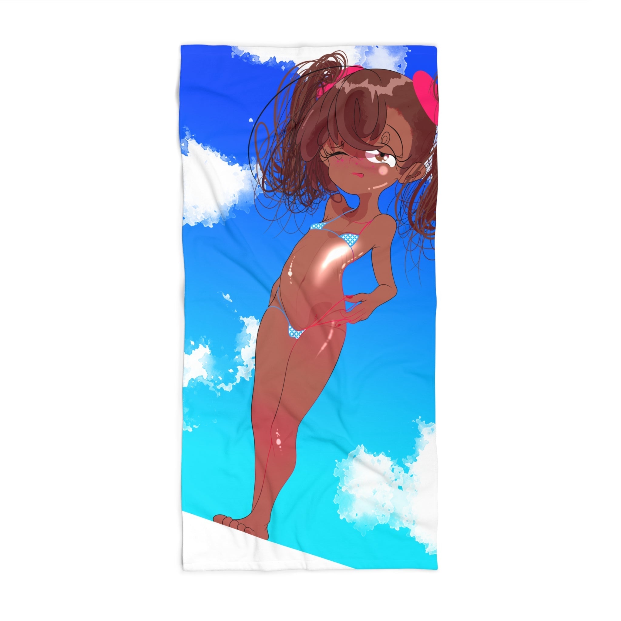 Towel with a design of a woman in a bikini lying on a beach with blue sky and clouds.