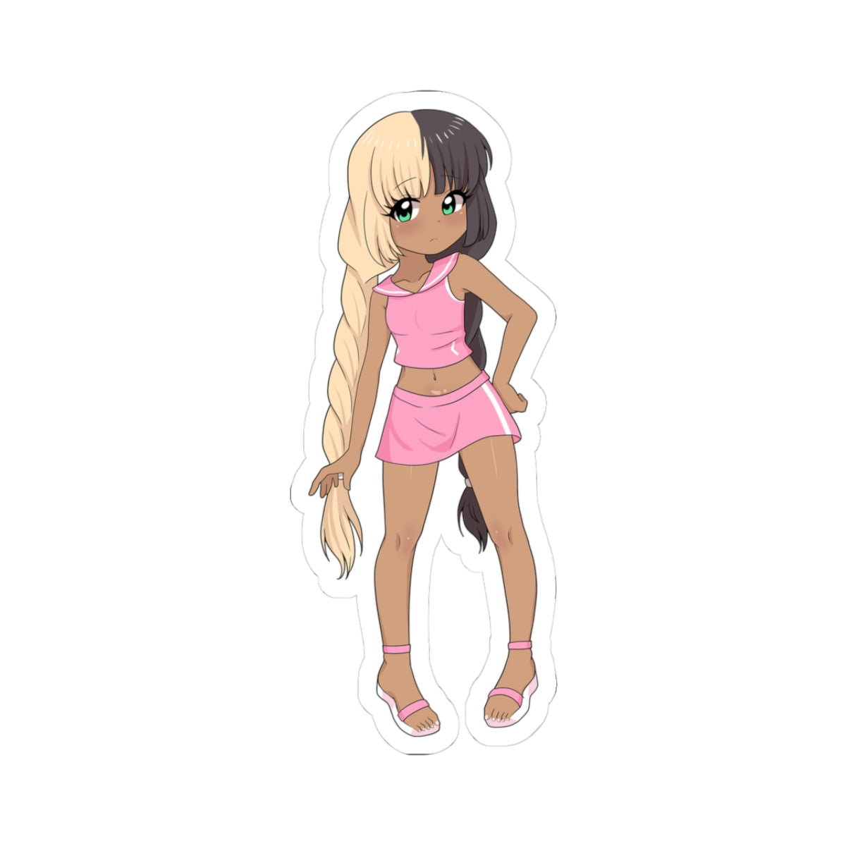 Split-Hair Ebony Hentai Babe in Pink Mini Skirt - Upskirt Tease Sticker - NSFW Adult Anime Sticker
