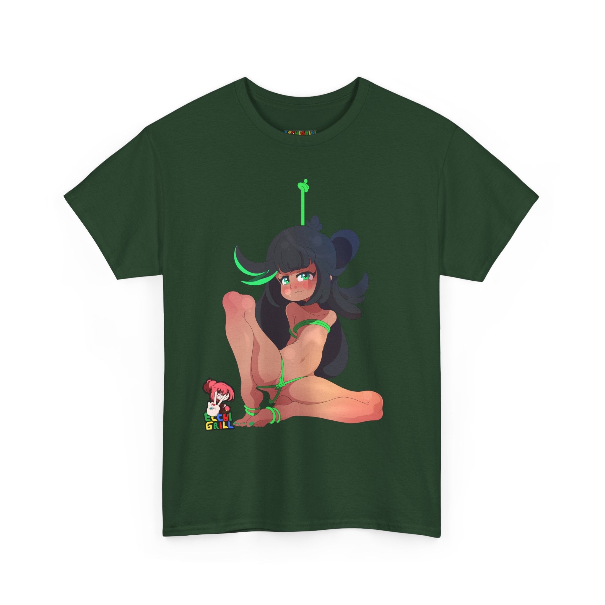 Shy Bound Hentai Waifu Nude Green Rope Bondage Squat Tease - NSFW Adult Anime T-Shirt