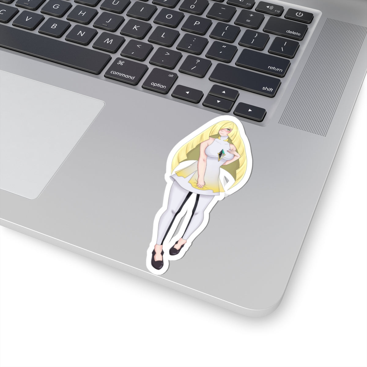 Blonde Anime Girl Kiss-Cut Sticker — Elegant White Dress Laptop Decal