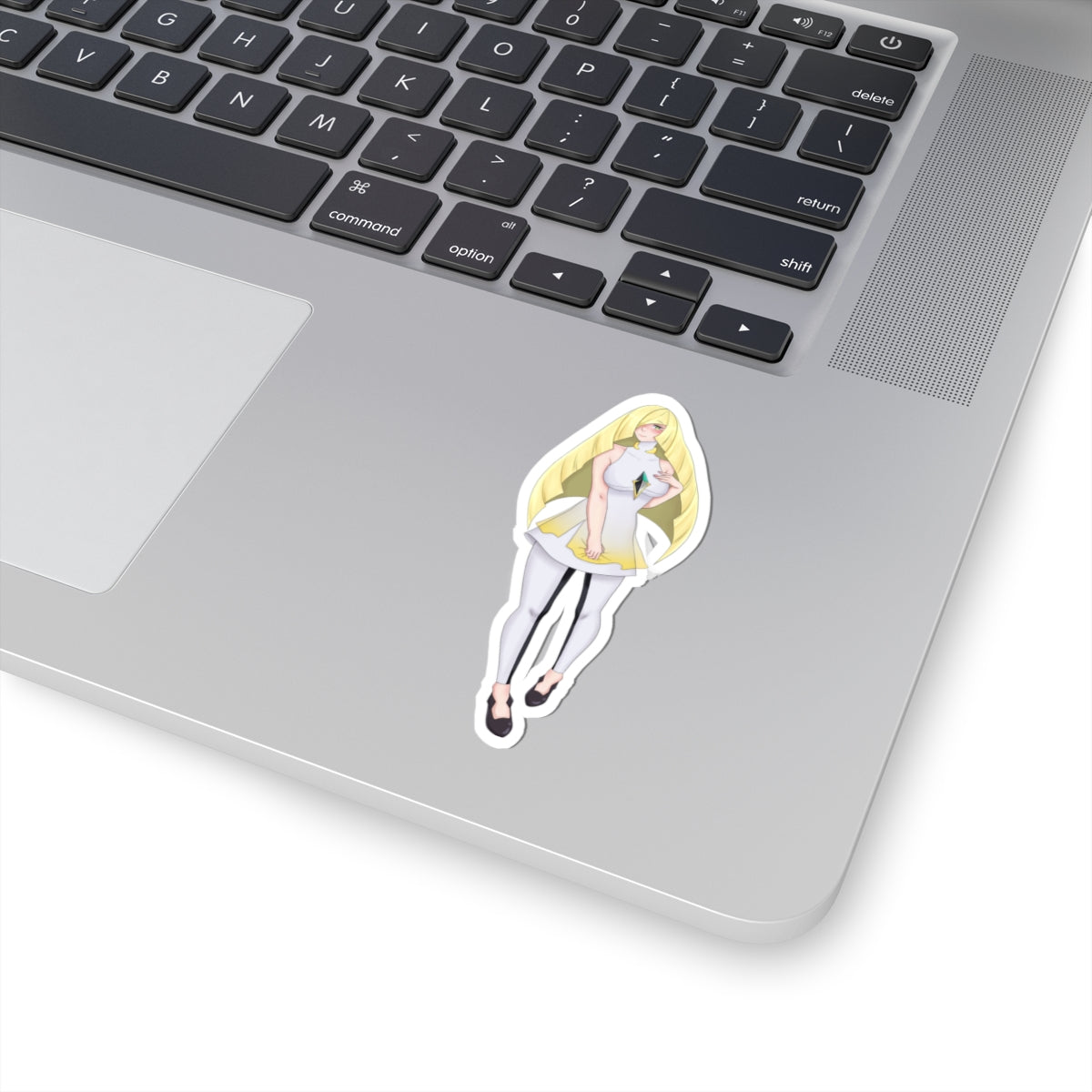 Blonde Anime Girl Kiss-Cut Sticker — Elegant White Dress Laptop Decal