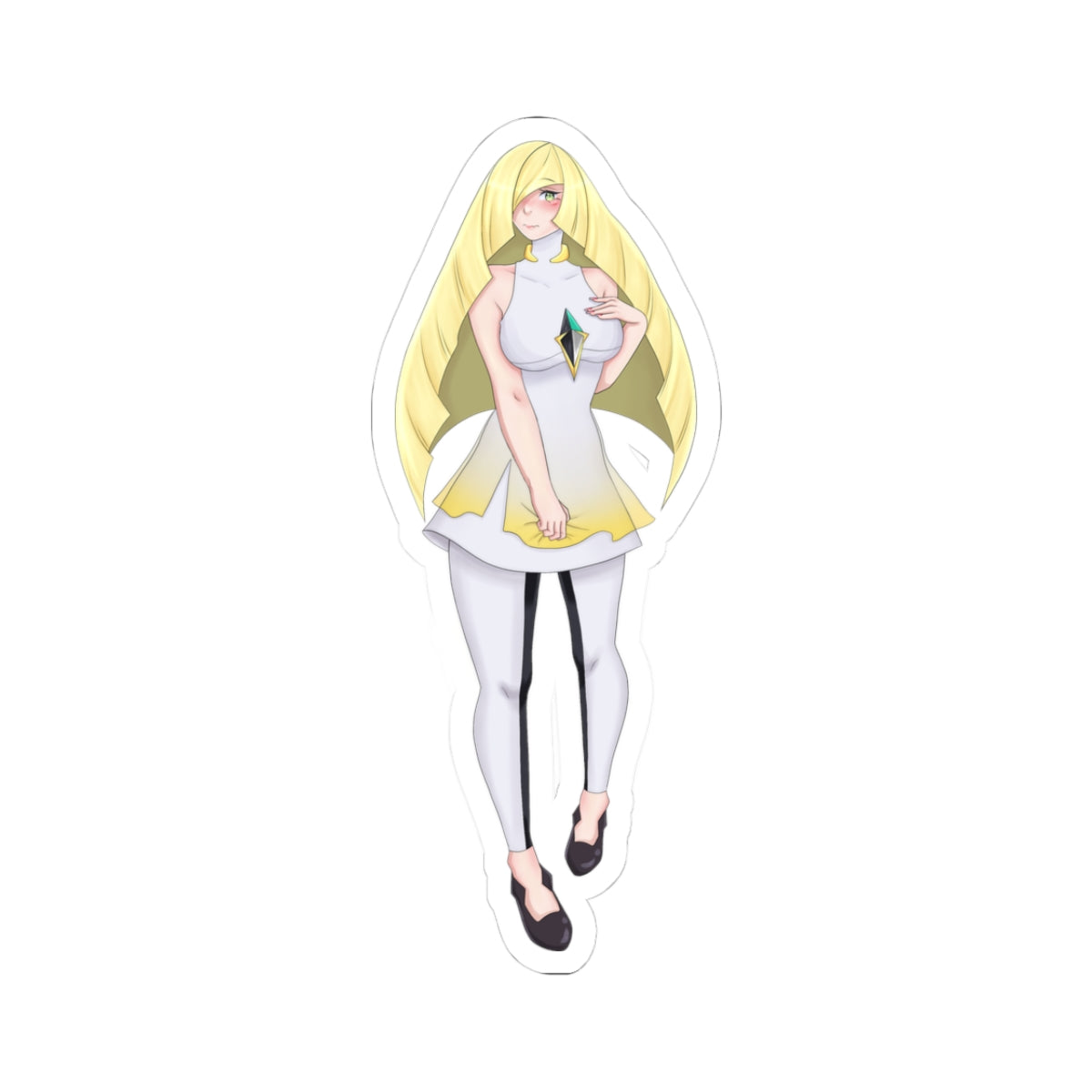 Sticker of a character with long blonde hair wearing a white outfit on a white background