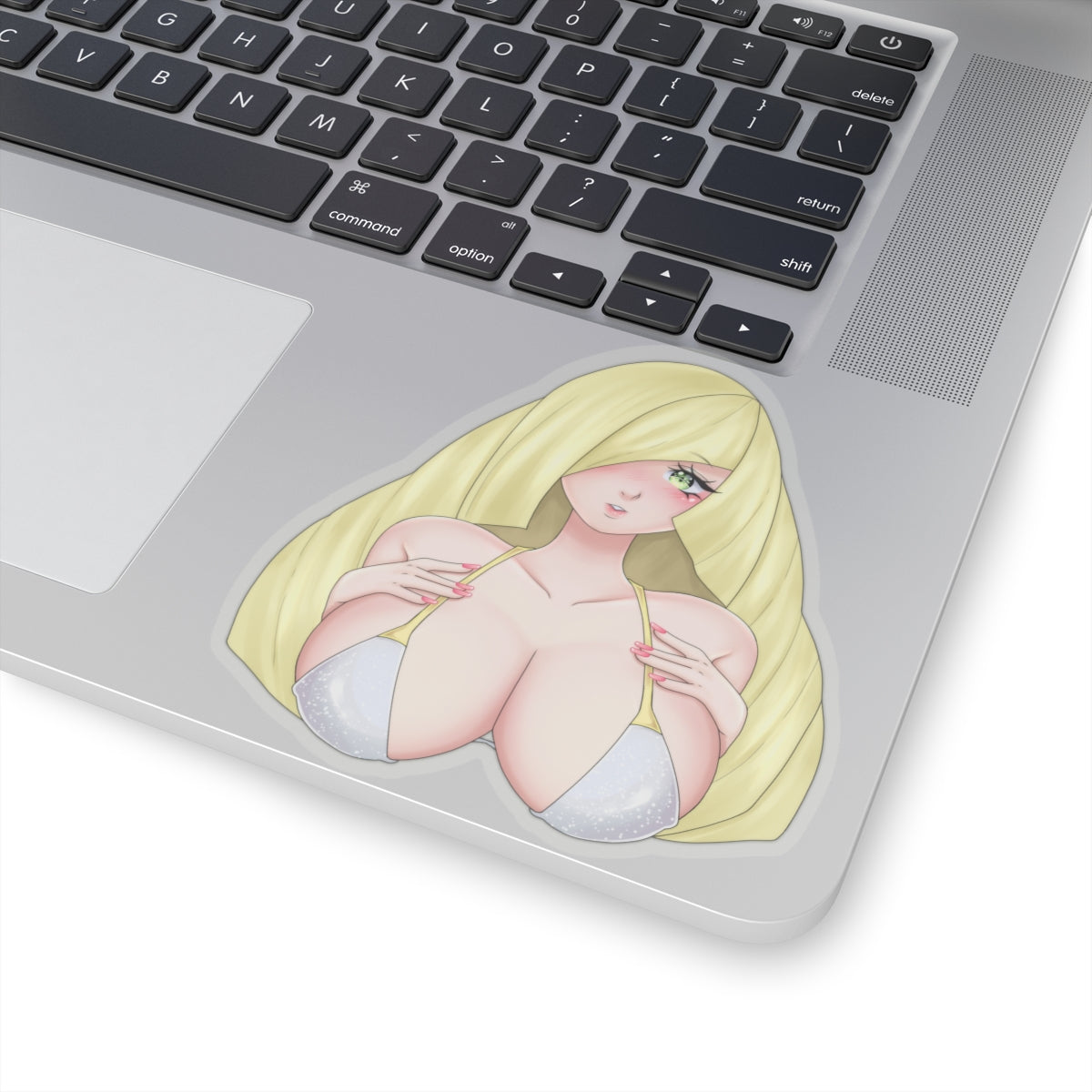Sexy Blonde Anime Girl Kiss-Cut Sticker — Cute Busty Character Laptop Decal