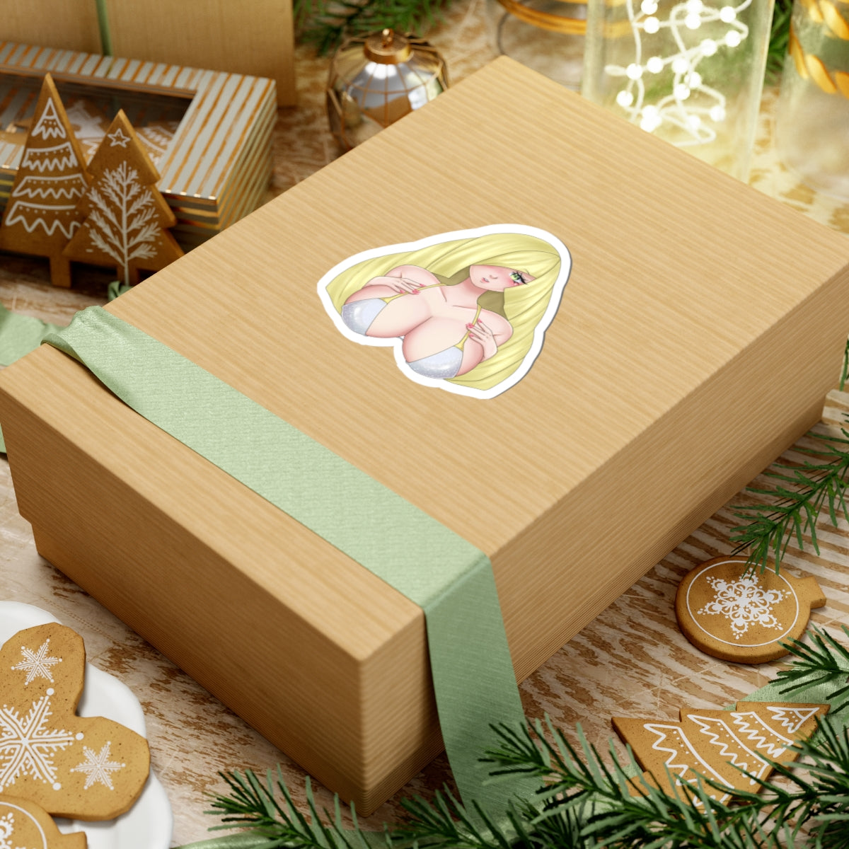 Sexy Blonde Anime Girl Kiss-Cut Sticker — Cute Busty Character Laptop Decal