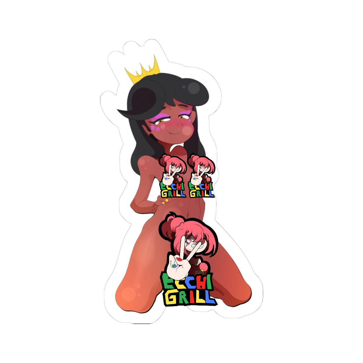 Sexy futanari black princess with crown and horn-like hair, black curls, purple eyeshadow, blushing smile, nude body showing firm breasts and hard erect big cock, kneeling pose in explicit NSFW hentai art full of lewd seduction.