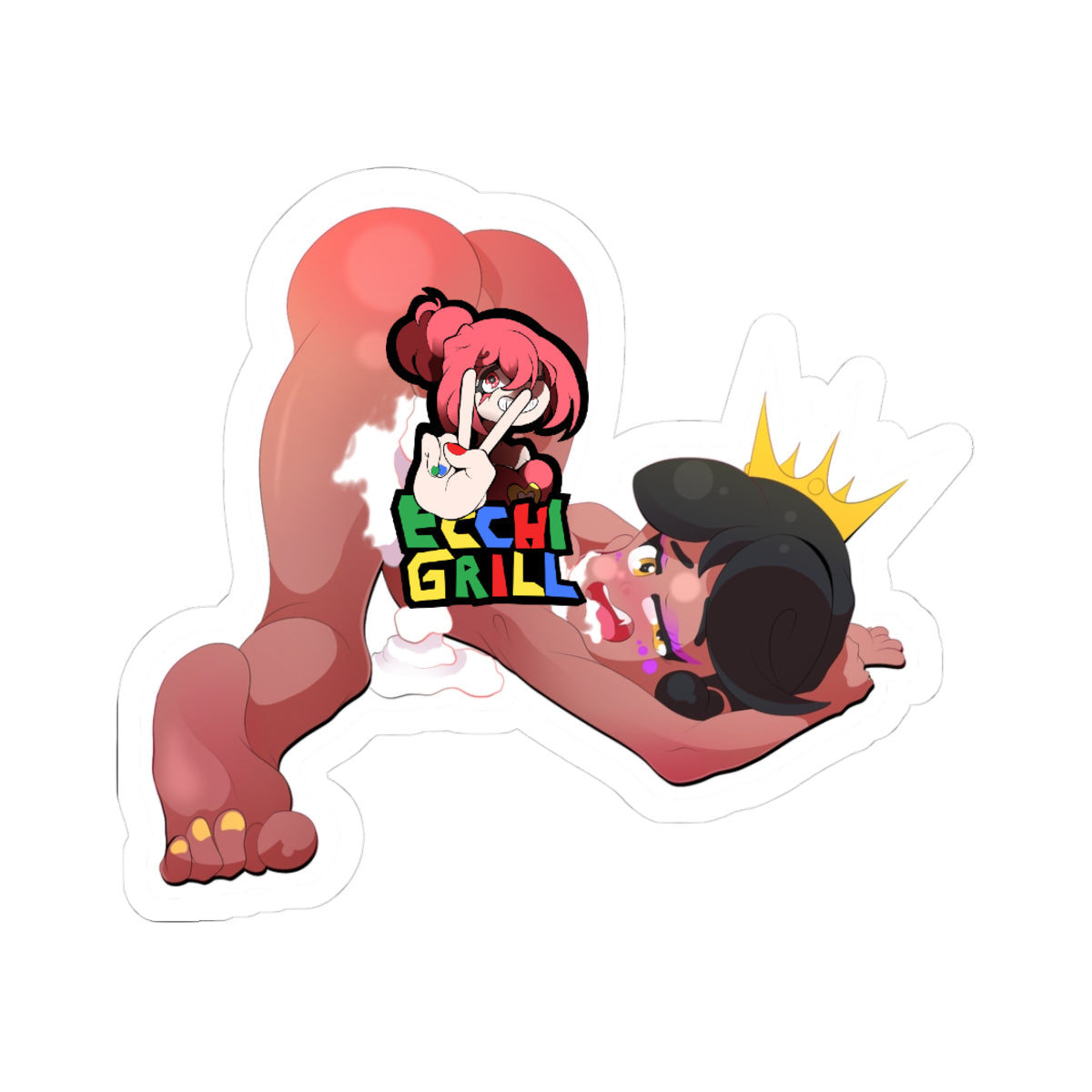 Lewd futanari shemale princess girl with crown, black hair, blushing ahegao eyes rolled back, ass up pose with thick anal creampie cum leaking from swollen asshole, explicit NSFW hentai porn art full of dripping cum and orgasm bliss.
