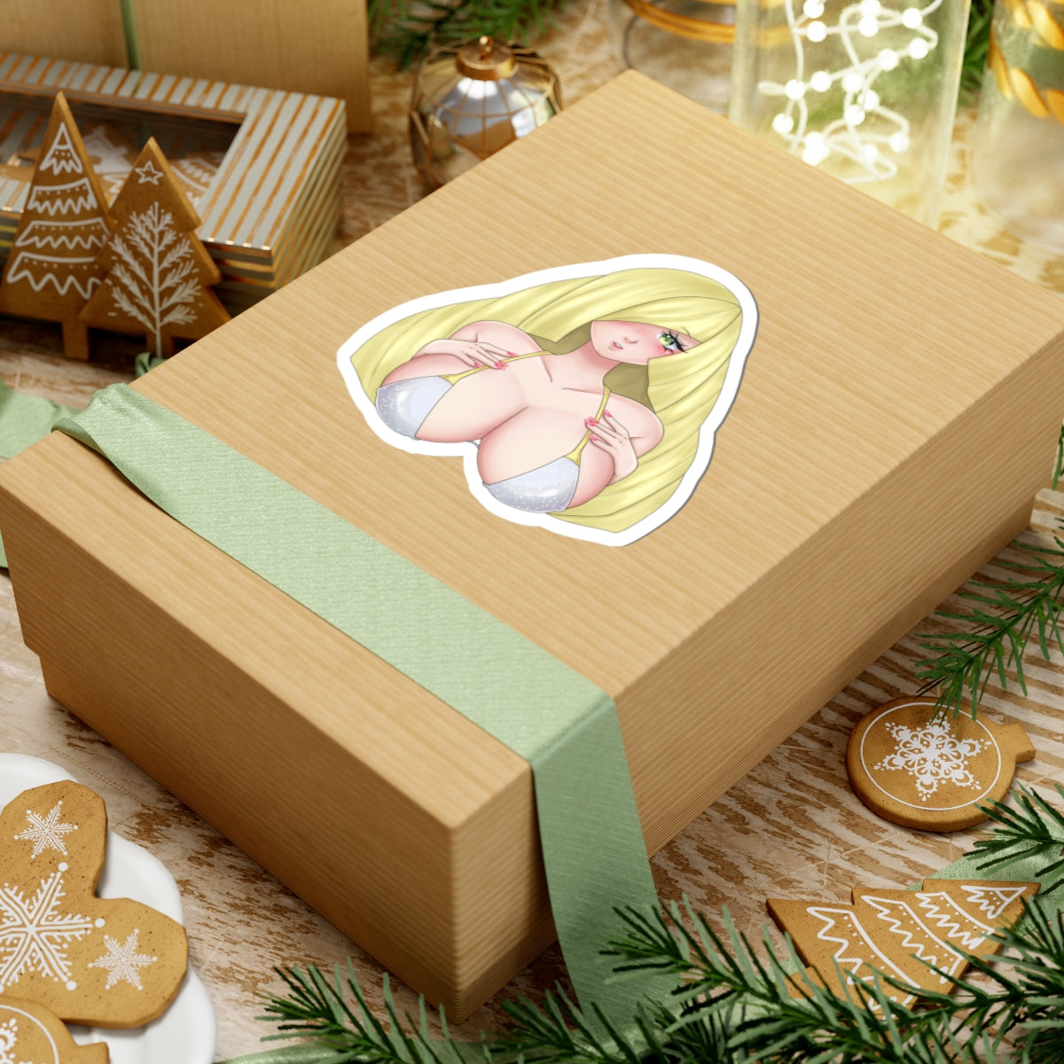 Sexy Blonde Anime Girl Kiss-Cut Sticker — Cute Busty Character Laptop Decal
