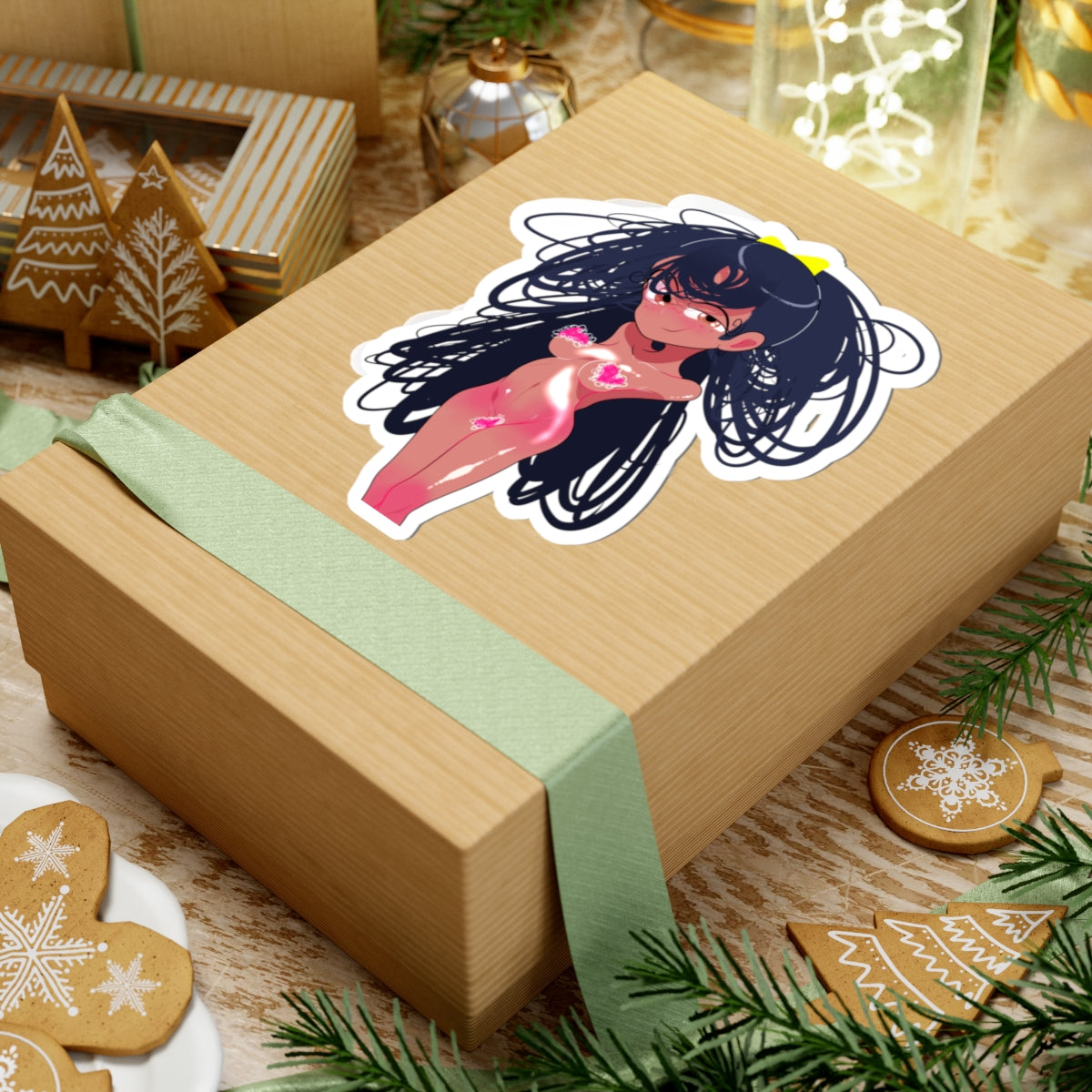 Anime Pinup Kiss-Cut Sticker — Cute Glowing Heart Girl Vinyl Decal