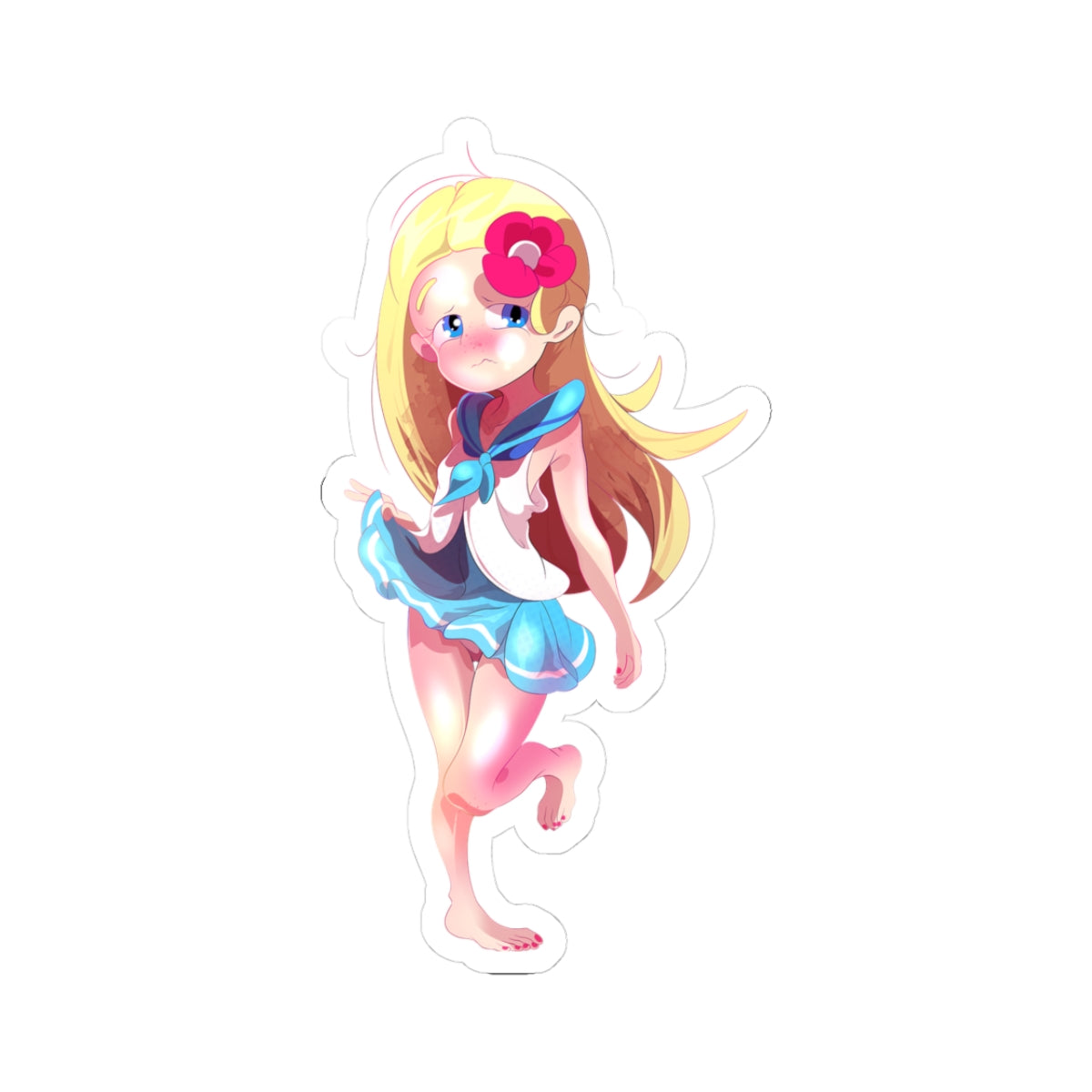 Blonde Upskirt Tease - Flower Hair Blue Sailor Skirt Flash - NSFW Adult Anime Sticker