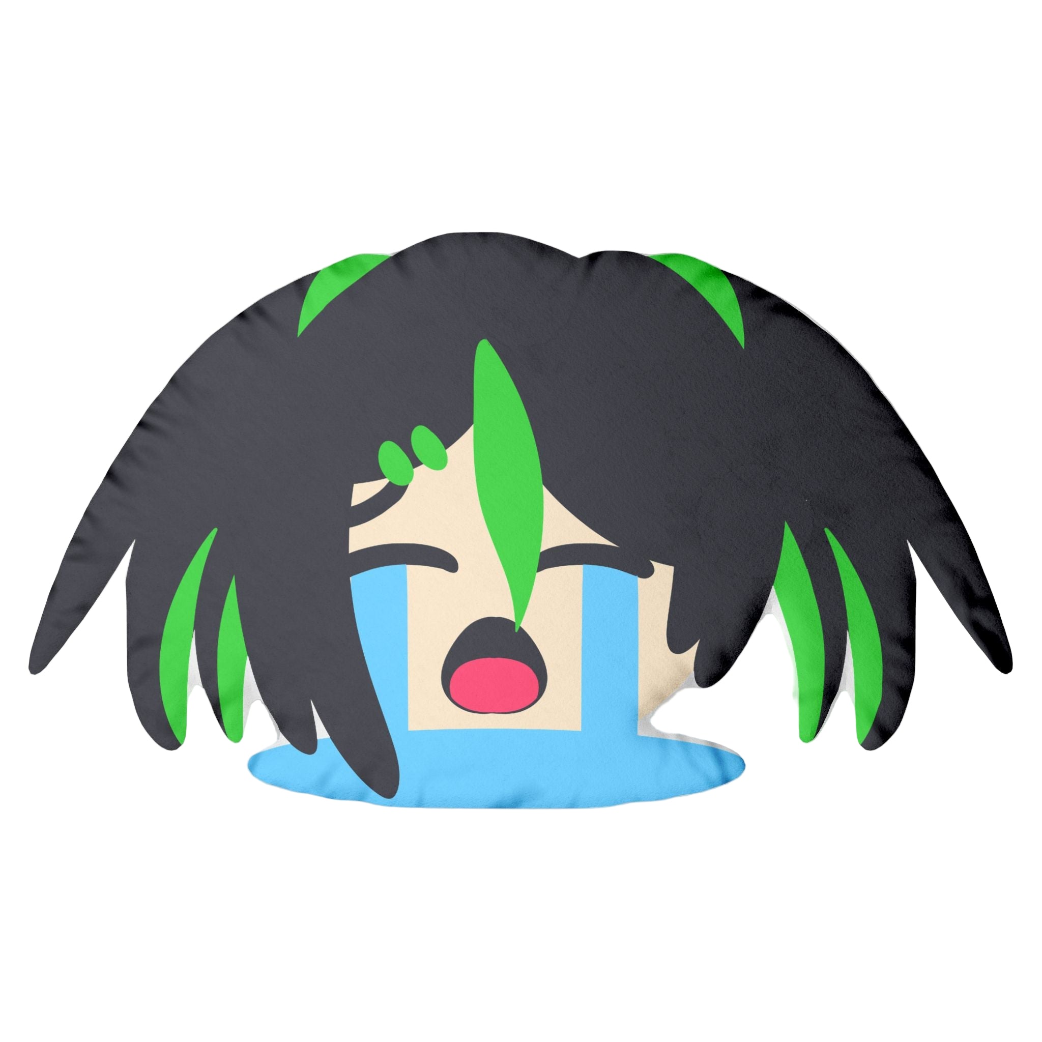 Cute Green Hair Crying Anime Girl Emoji Throw Pillow - Kawaii Tearful Sad Face Bawling Sobbing Spiky Haired Decorative Cushion for Bedroom Sofa Home Decor