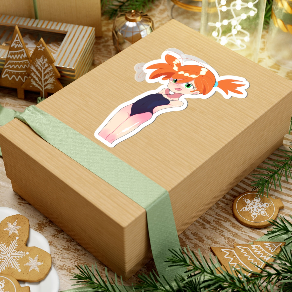 Cute Anime Girl Swimwear Kiss-Cut Sticker — Chibi Redhead Laptop Decal