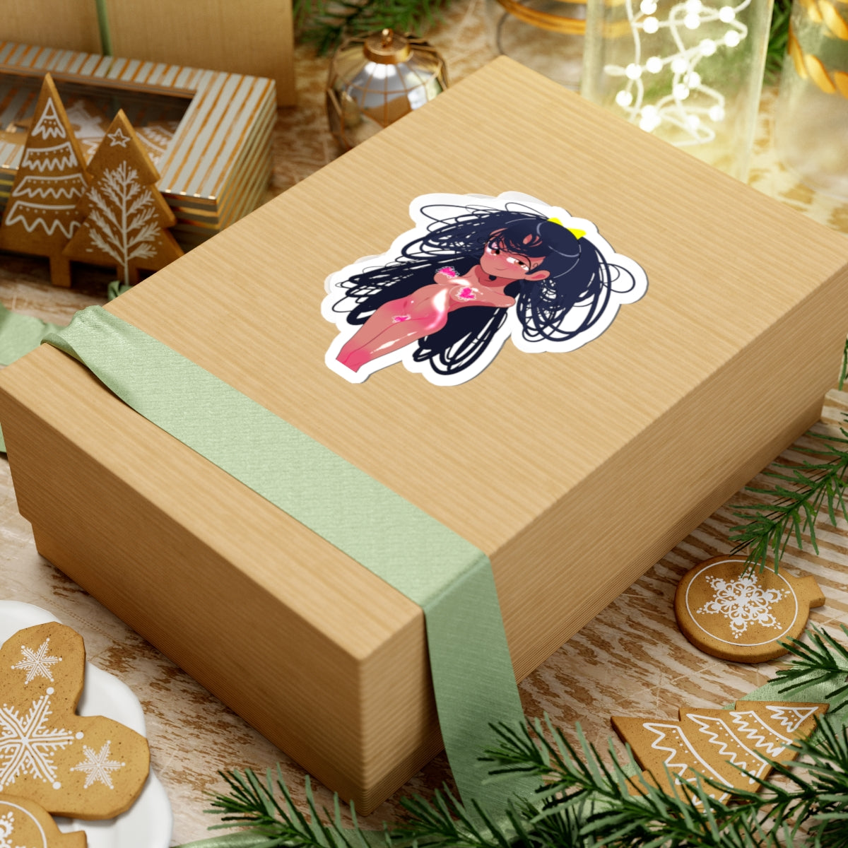Anime Pinup Kiss-Cut Sticker — Cute Glowing Heart Girl Vinyl Decal