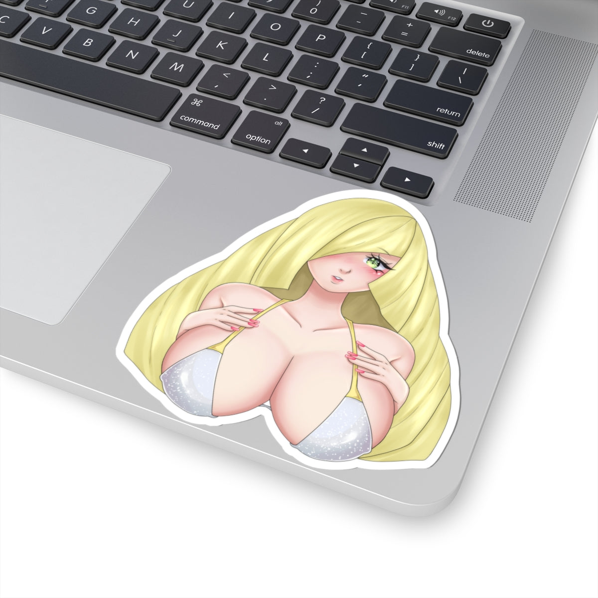 Sexy Blonde Anime Girl Kiss-Cut Sticker — Cute Busty Character Laptop Decal