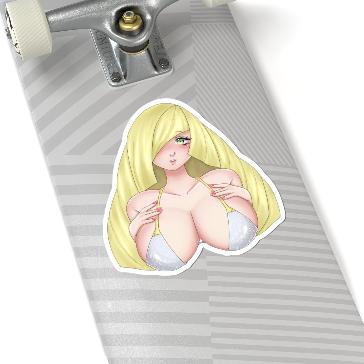 Sexy Blonde Anime Girl Kiss-Cut Sticker — Cute Busty Character Laptop Decal