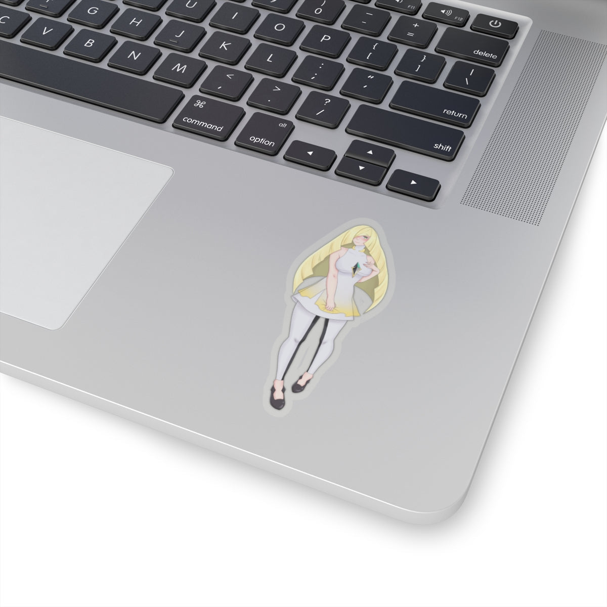 Blonde Anime Girl Kiss-Cut Sticker — Elegant White Dress Laptop Decal