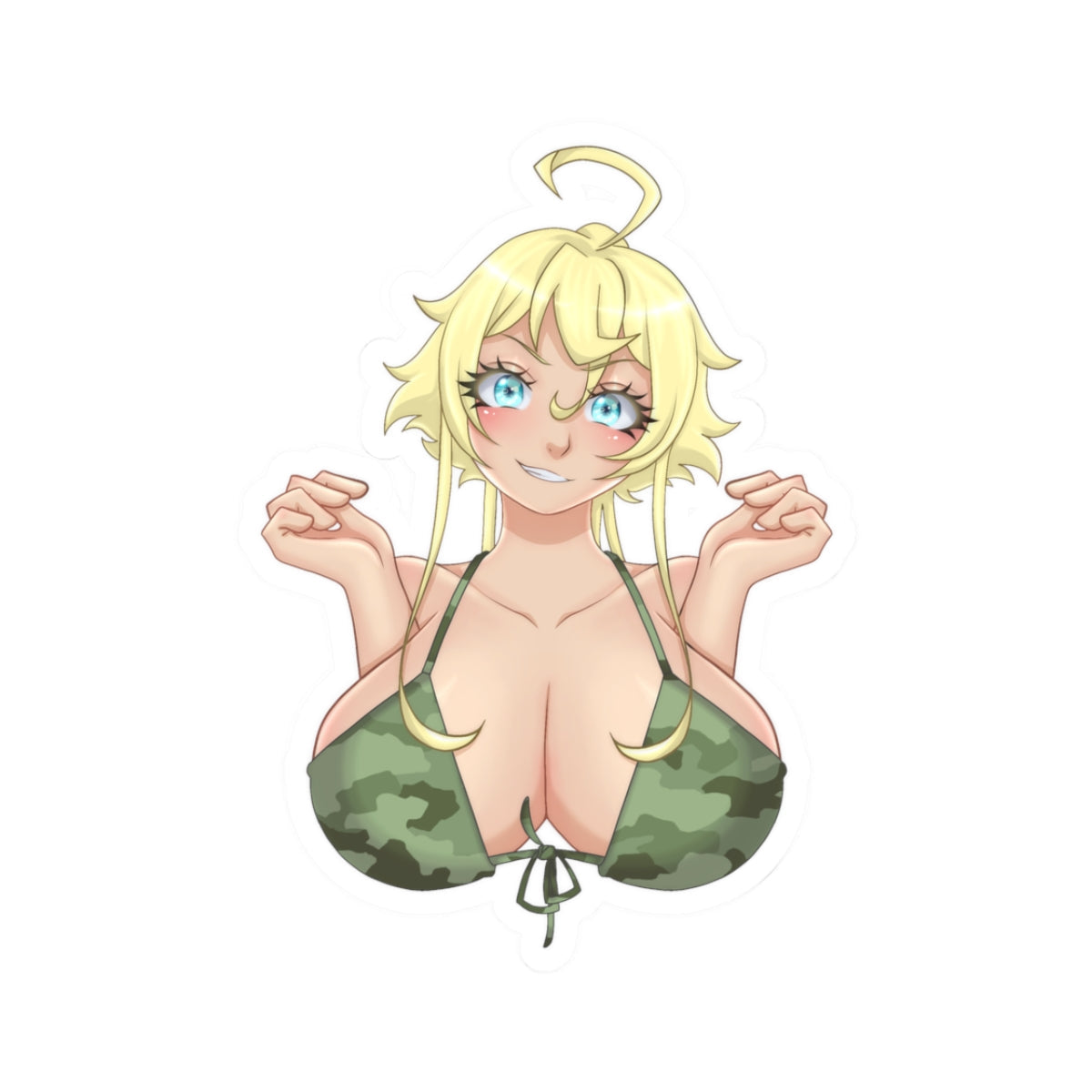 Busty Blonde Ecchi Waifu in Camo Micro Bikini - Massive Tit Squeeze & Teasing Blush - NSFW Adult Anime Sticker