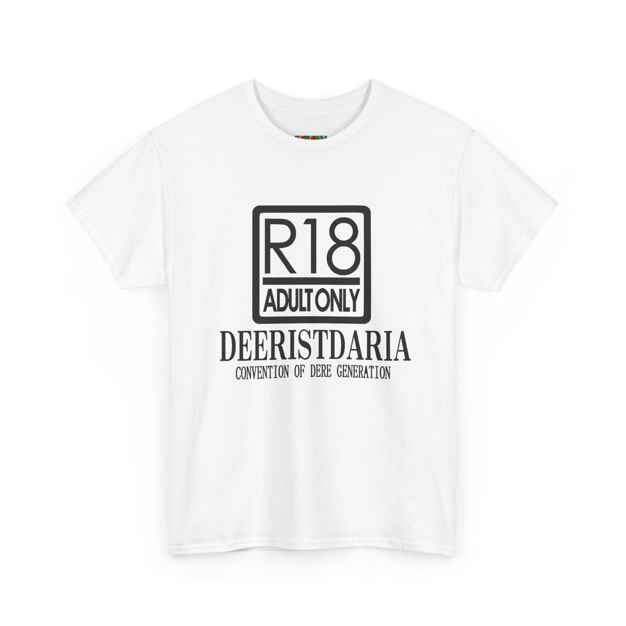 White t-shirt with black text and logo on a white background