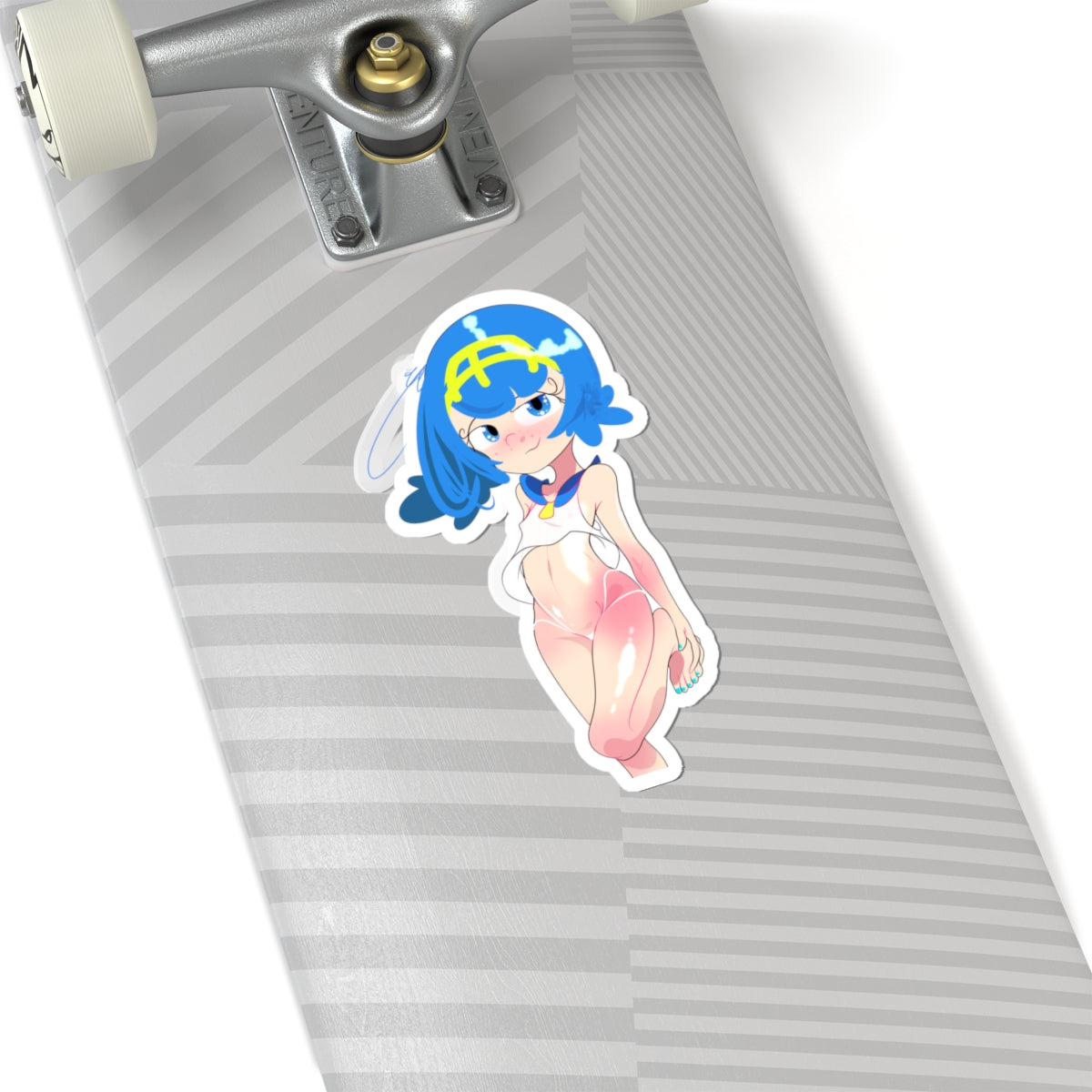 Anime Girl Kiss-Cut Sticker — Cute Blue Hair Character Laptop Decal