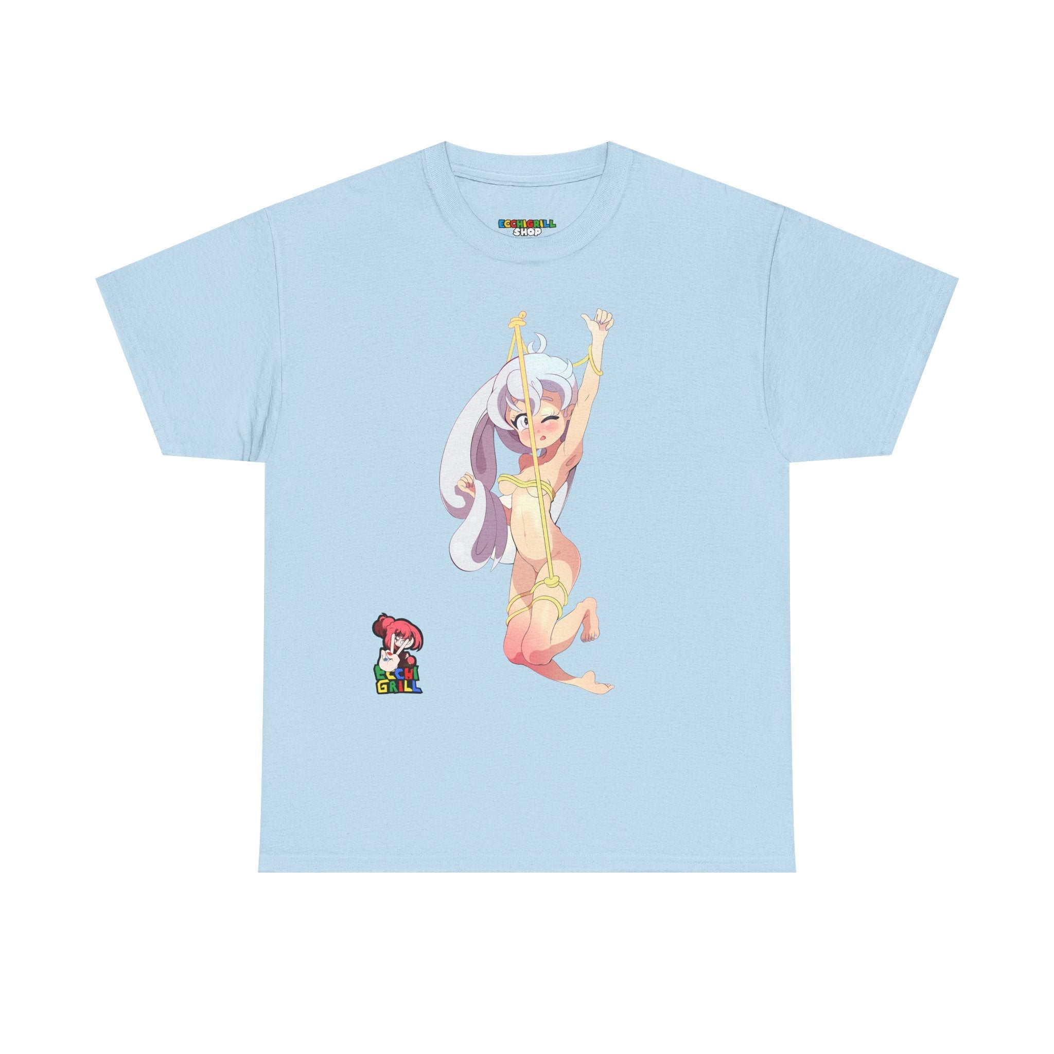 Playful shy nude hentai elf babe 21+ silver hair pointy ears suspended yellow rope bondage winking blush exposed small boobs shaved pussy lewd ecchi anime porn art waifu bdsm fantasy uncensored manga style submissive rope play fetish