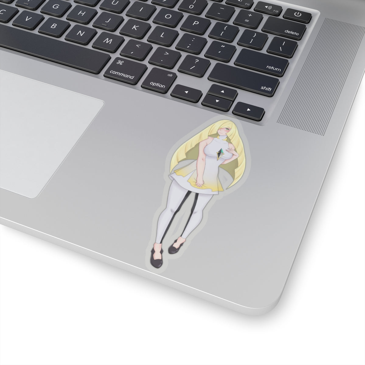 Blonde Anime Girl Kiss-Cut Sticker — Elegant White Dress Laptop Decal