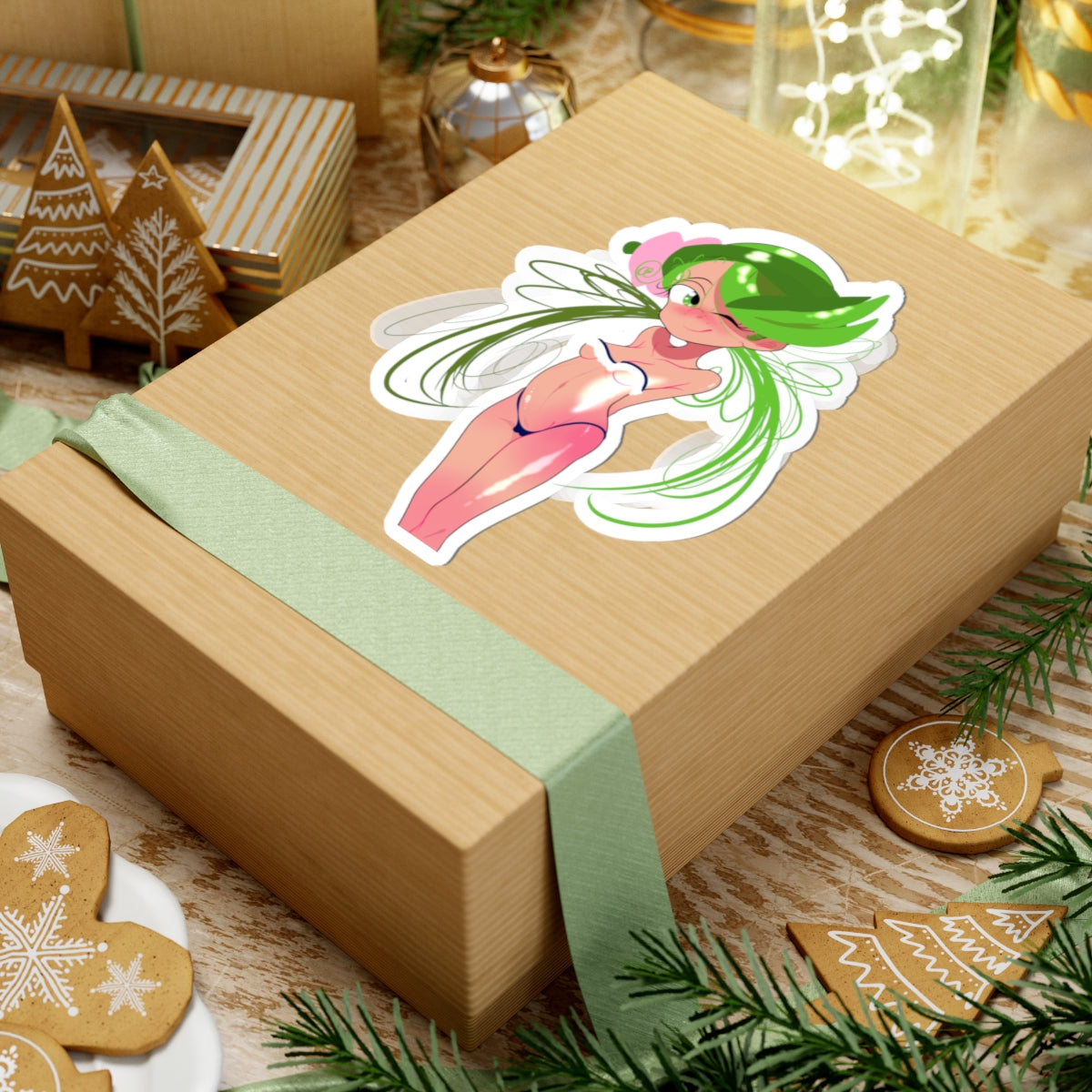 Green Fairy Pinup Sticker — Cute Anime-Style Kiss-Cut Laptop Sticker