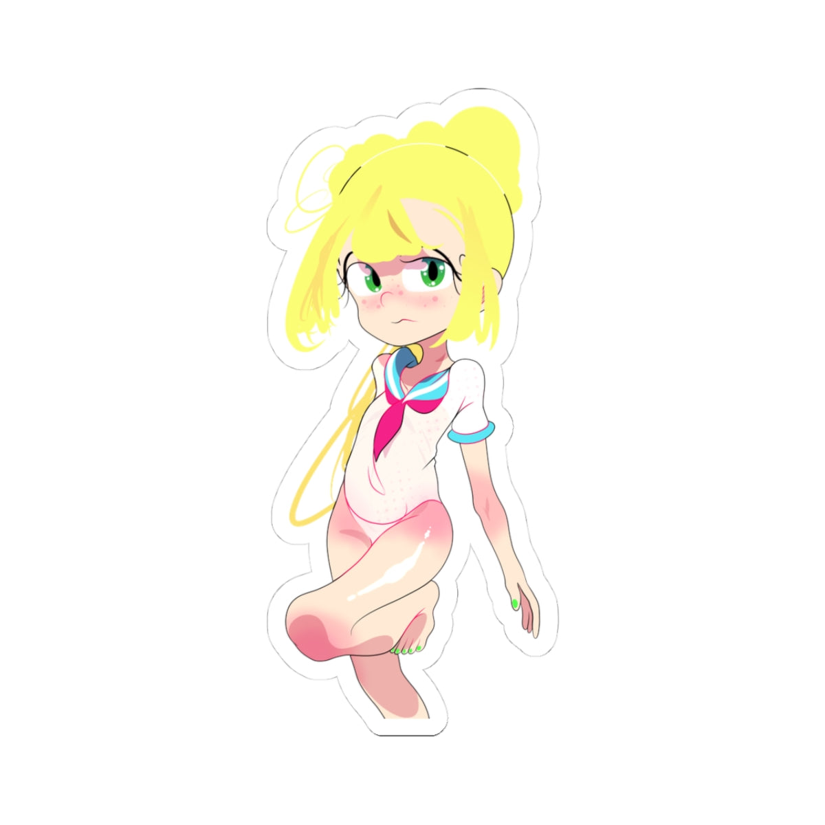 Cartoon character with yellow hair and a white outfit on a white background