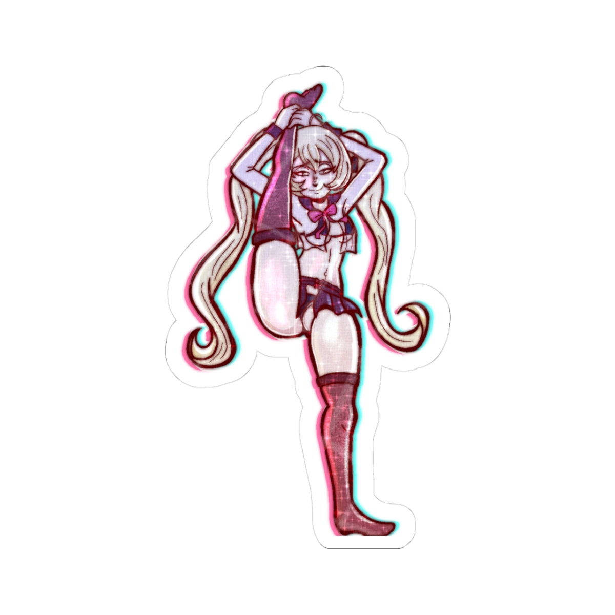 Blonde Twintails Brat Pulling Down Her Thigh-High Stockings - Slutty Ahegao Micro-Skirt - NSFW Adult Anime Sticker