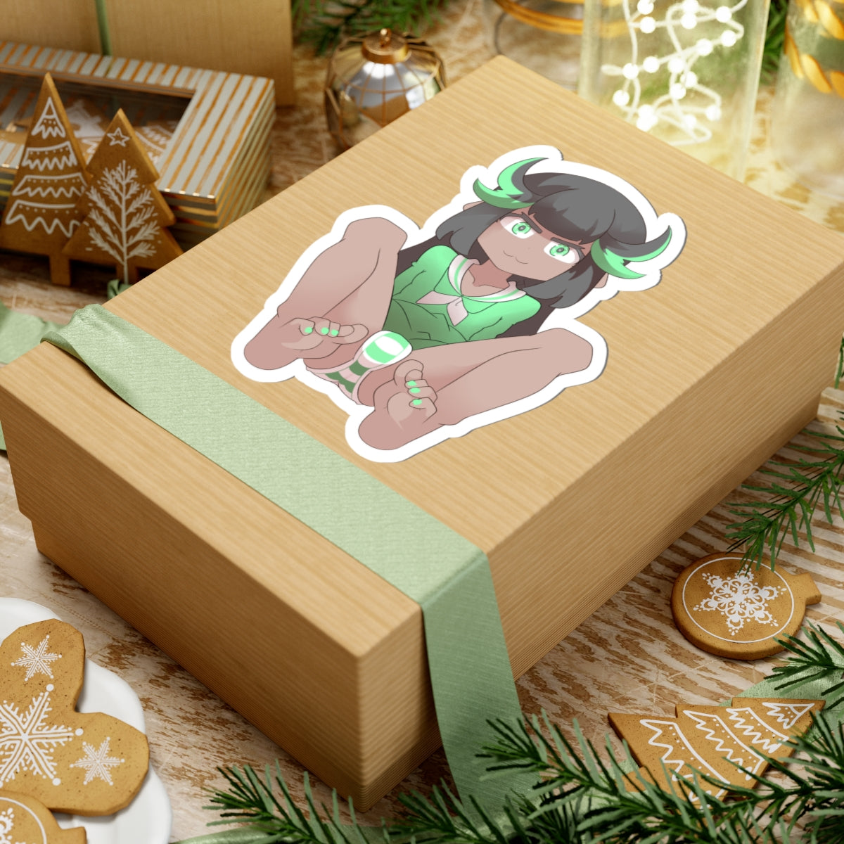 Anime Girl Green Horns Sticker — Cute Kawaii Character Kiss-Cut Decal