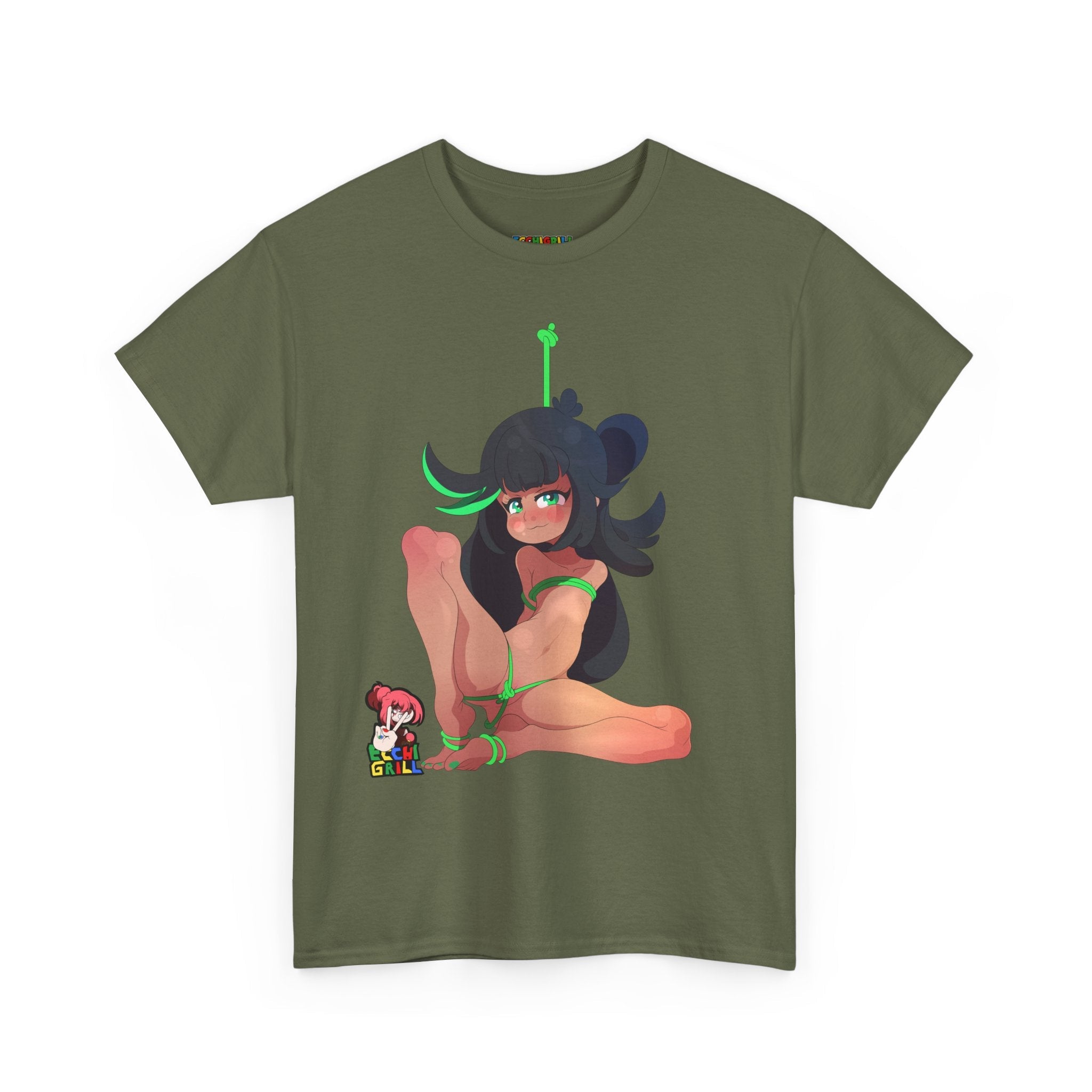 Shy Bound Hentai Waifu Nude Green Rope Bondage Squat Tease - NSFW Adult Anime T-Shirt