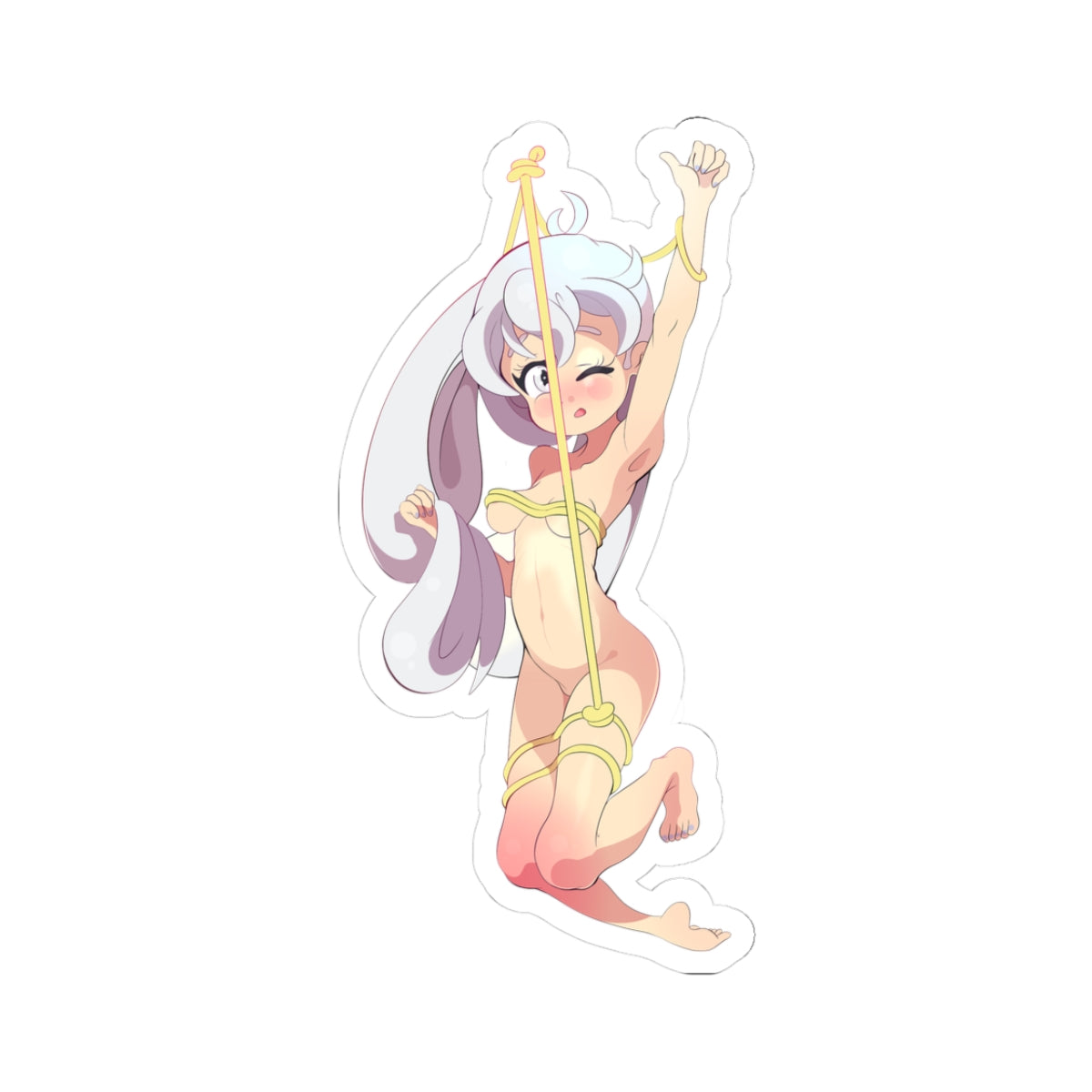 Playful shy nude hentai elf babe 21+ silver hair pointy ears suspended yellow rope bondage winking blush exposed small boobs shaved pussy lewd ecchi anime porn art waifu bdsm fantasy uncensored manga style submissive rope play fetish