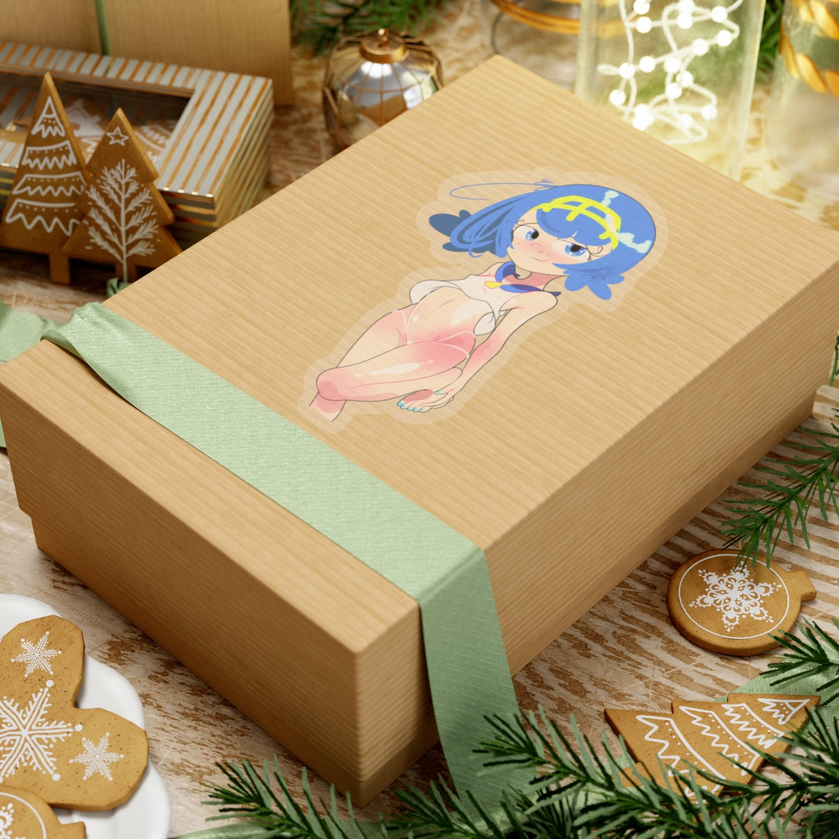 Anime Girl Kiss-Cut Sticker — Cute Blue Hair Character Laptop Decal