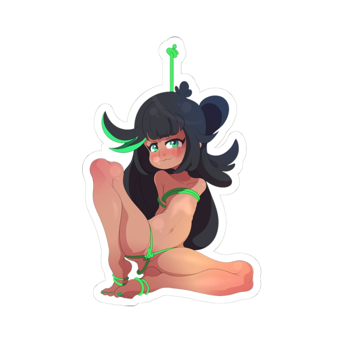Naughty shy nude hentai babe 21+ black hair green highlights squatting bound green rope bondage blush teasing exposed small boobs tight pussy lewd ecchi anime porn art waifu bdsm fantasy uncensored manga style submissive shibari fetish