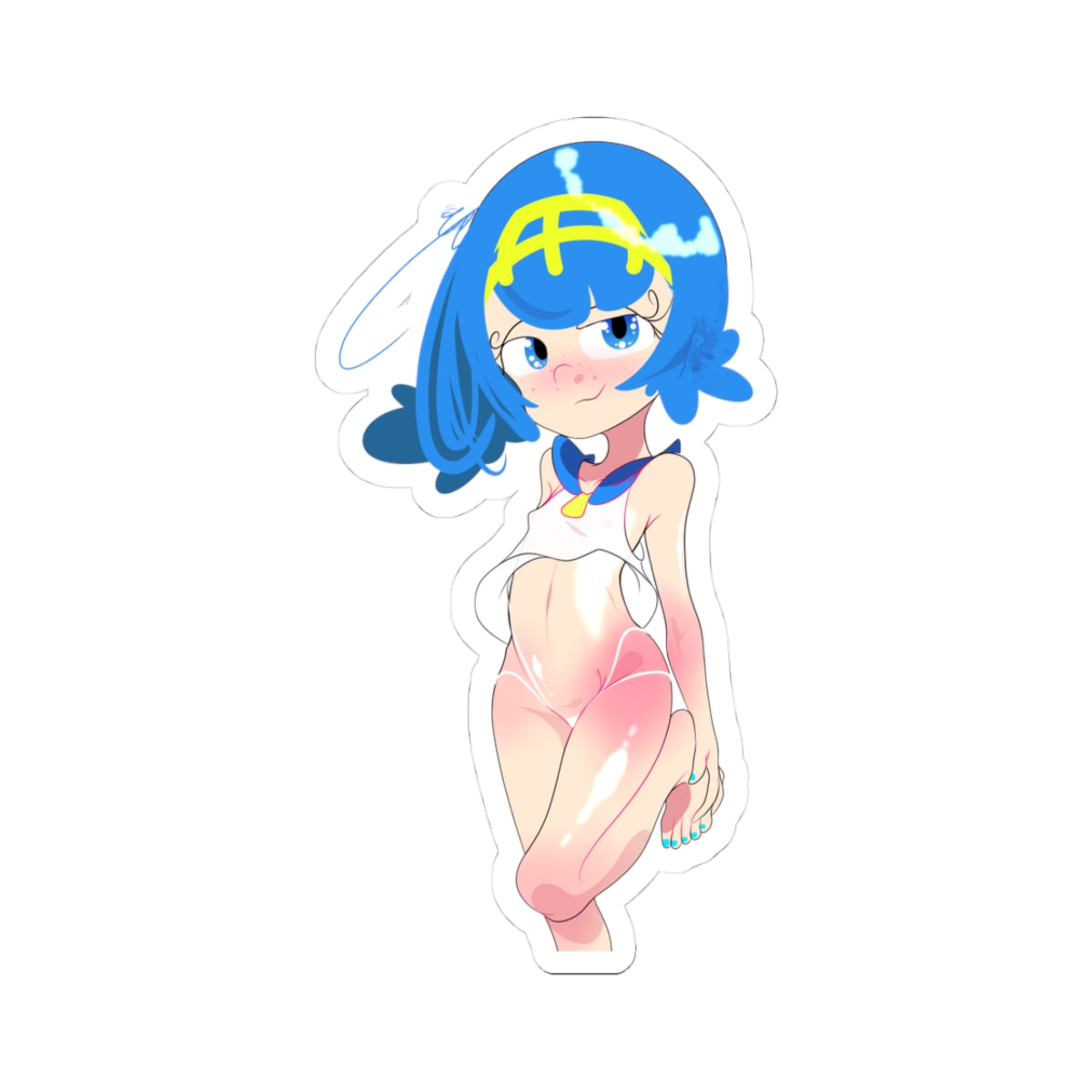 Anime-style character with blue hair and a white outfit on a white background