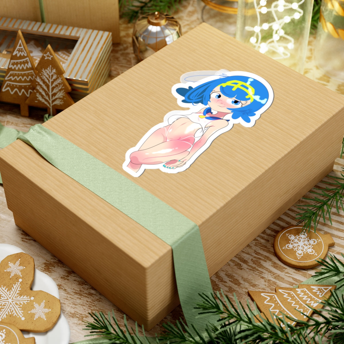 Anime Girl Kiss-Cut Sticker — Cute Blue Hair Character Laptop Decal