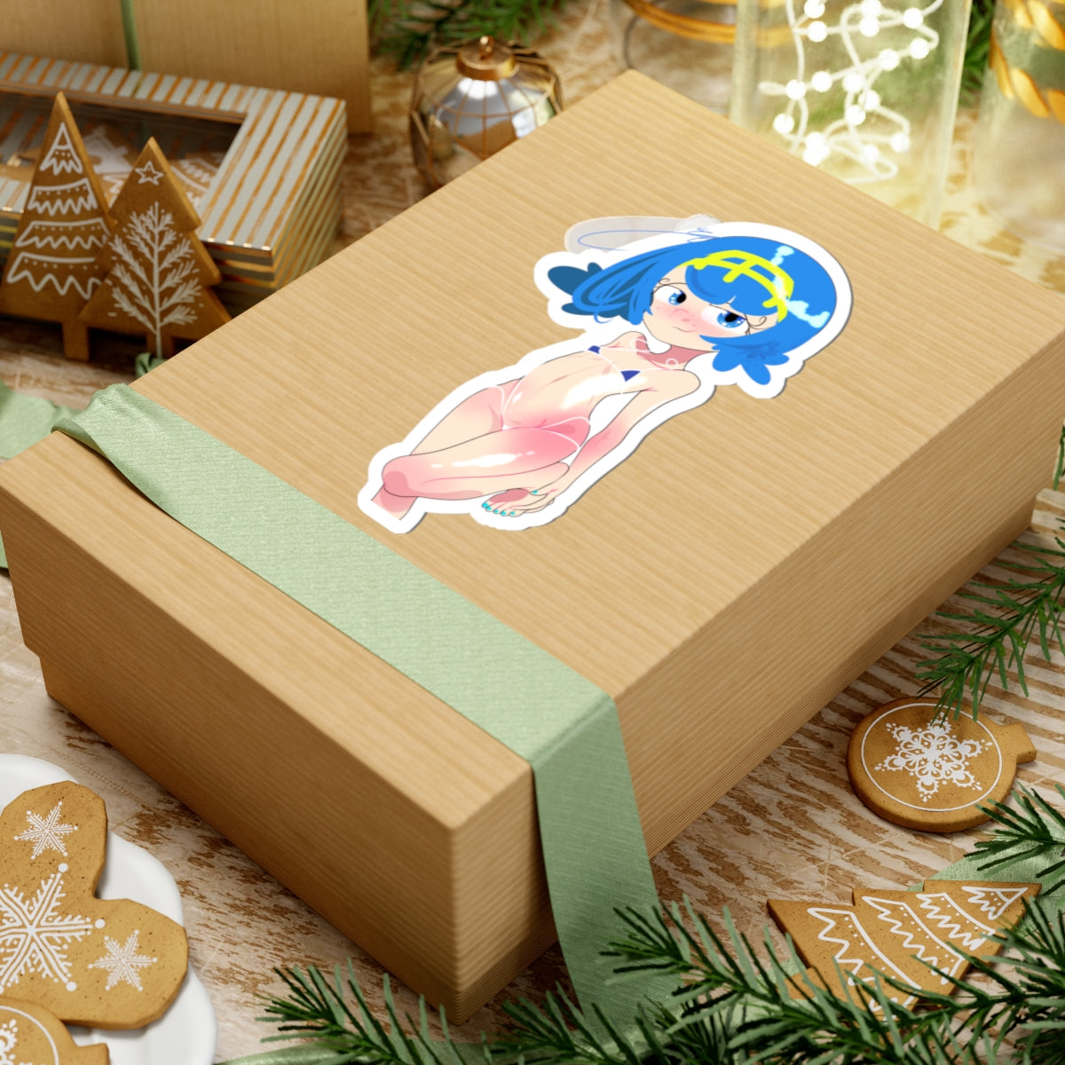 Anime Girl Kiss-Cut Sticker — Cute Blue-Haired Character Laptop Decal