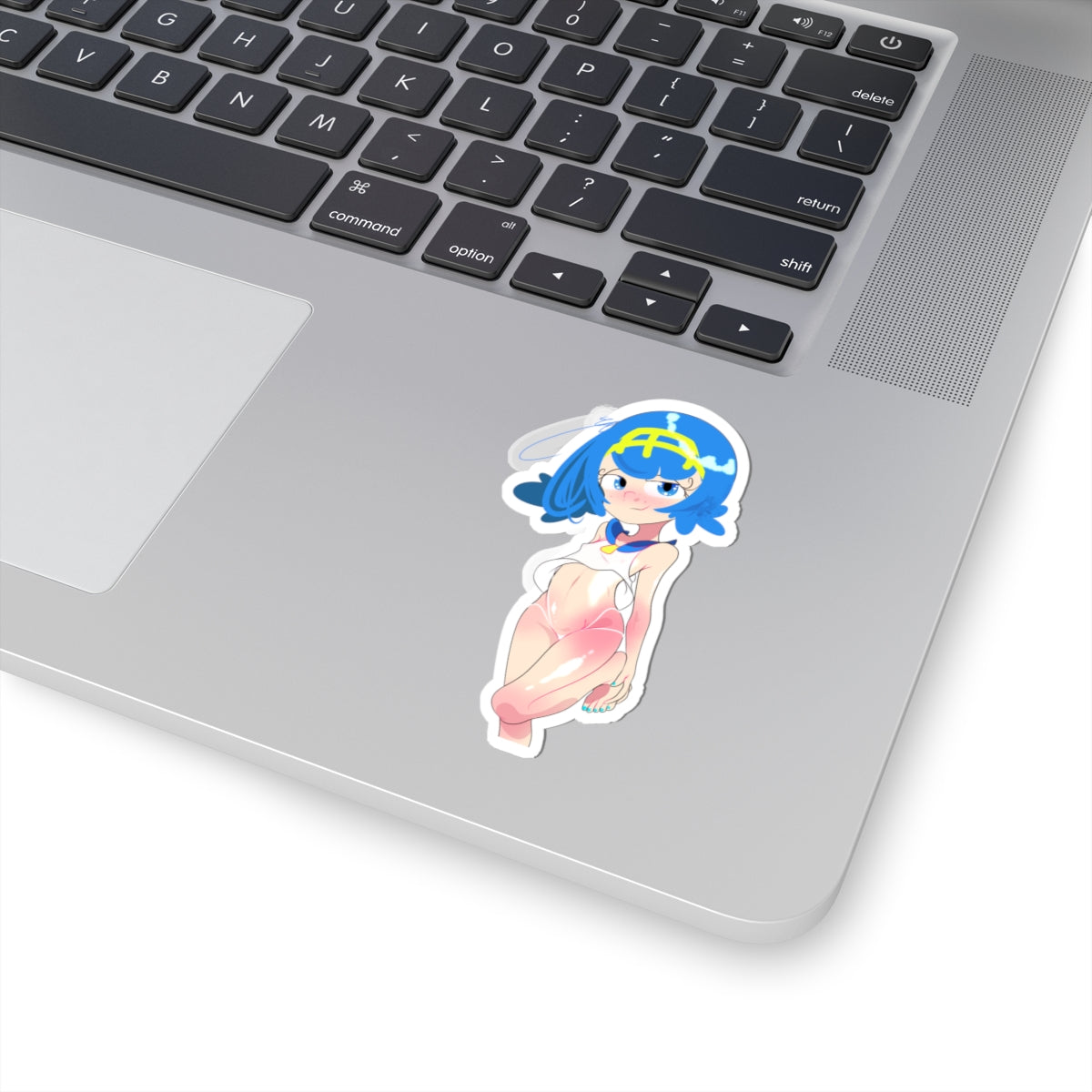 Anime Girl Kiss-Cut Sticker — Cute Blue Hair Character Laptop Decal