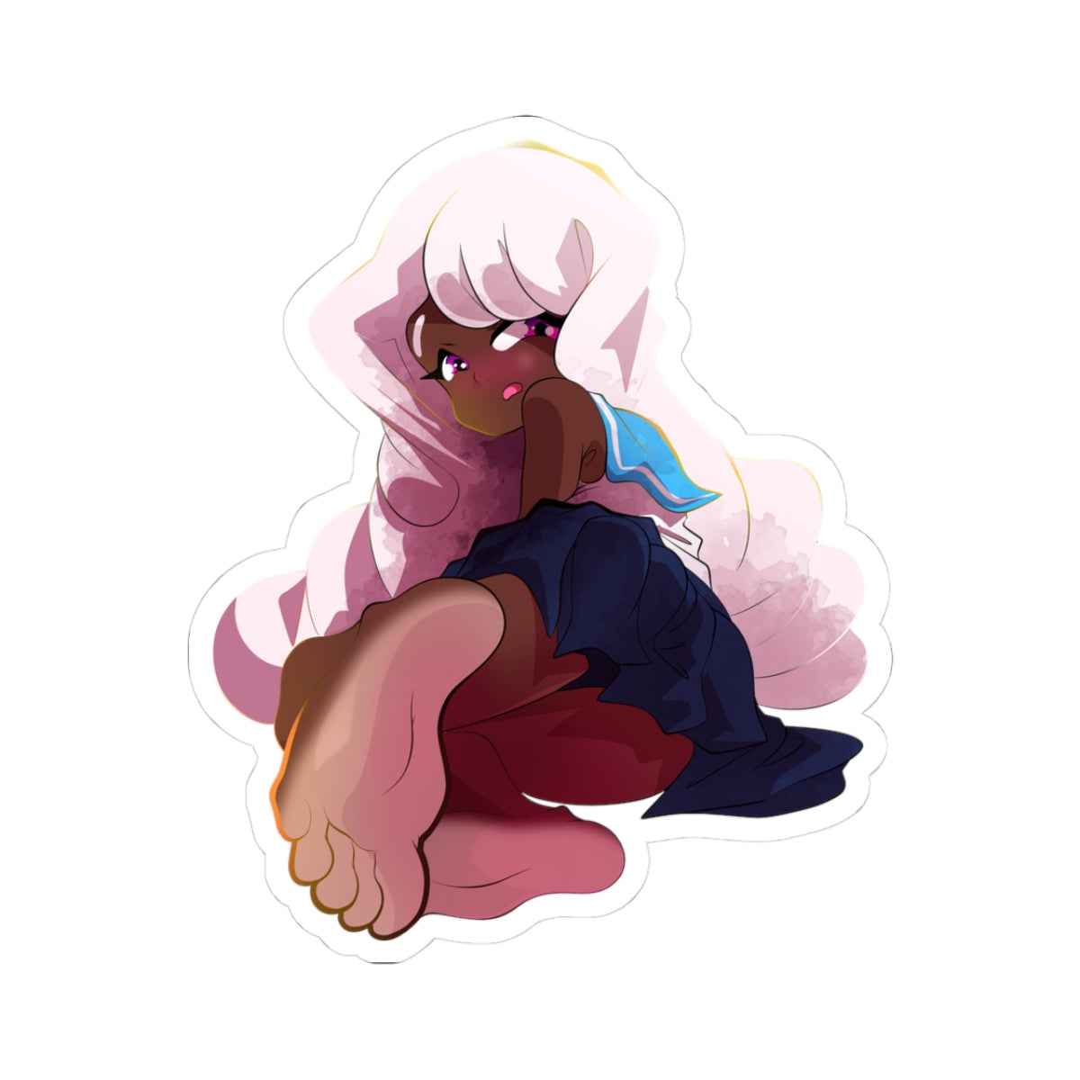 Horny ebony hentai babe teases with pink soles & blushing face! Dark skin waifu's feet beg for worship -NSFW Adult Anime Sticker