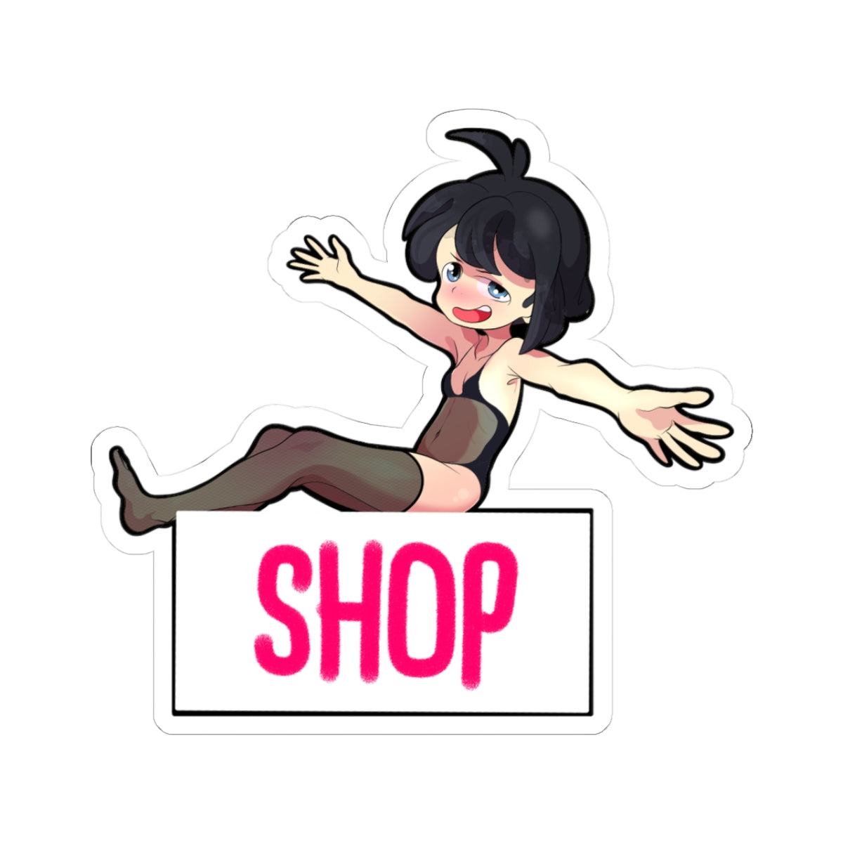 Anime girl with short black hair and blue eyes in wild ahegao face, arms flailing and legs spread in a sheer black bodysuit and dark thigh-high stockings, diving toward a pink “SHOP” sign