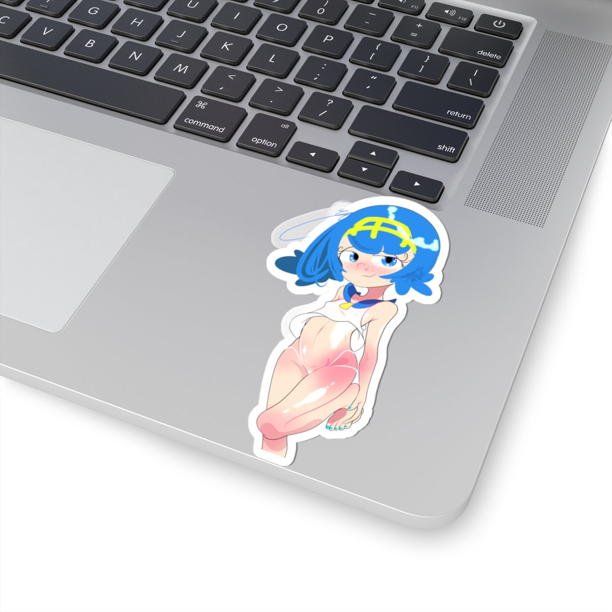 Anime Girl Kiss-Cut Sticker — Cute Blue Hair Character Laptop Decal