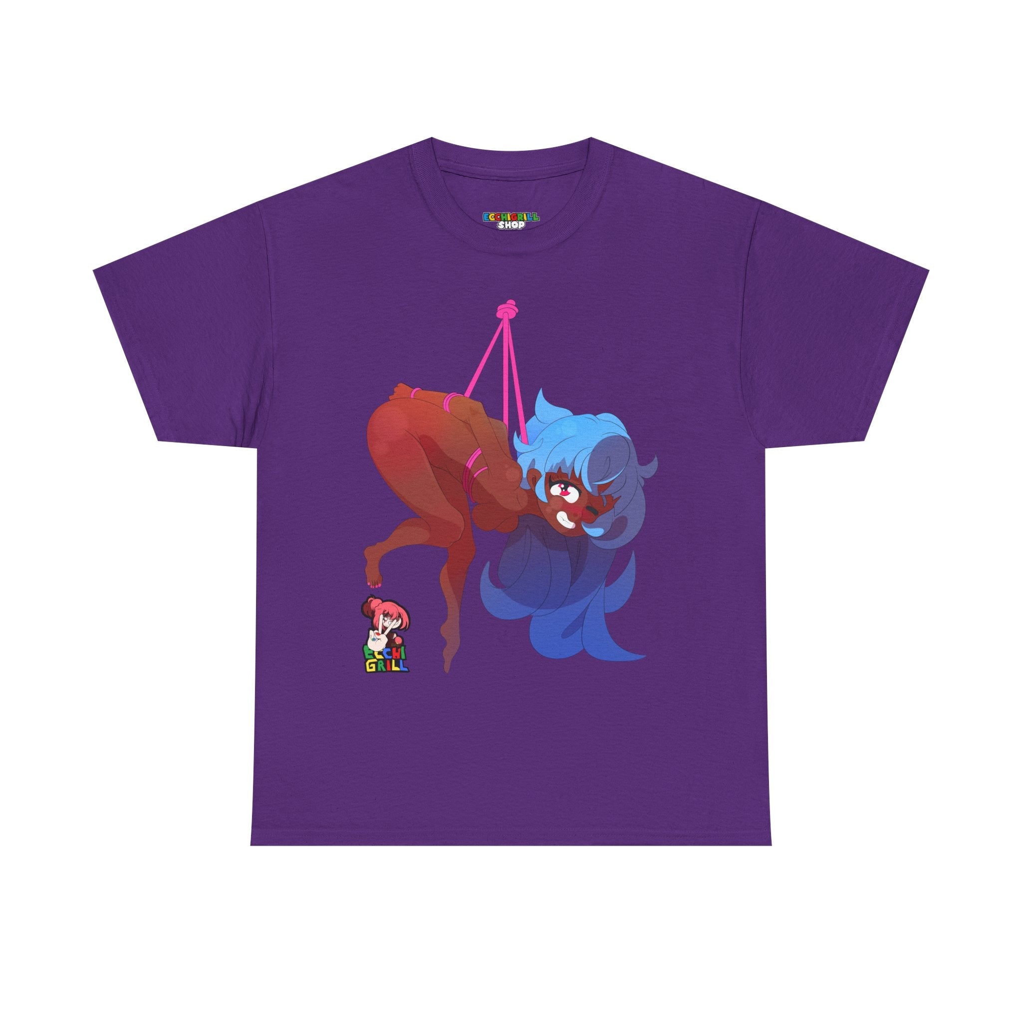 Hot Hentai Bondage Girl: Blue-Haired Ebony Babe Suspended in Pink Ropes - NSFW Adult Anime T-Shirt