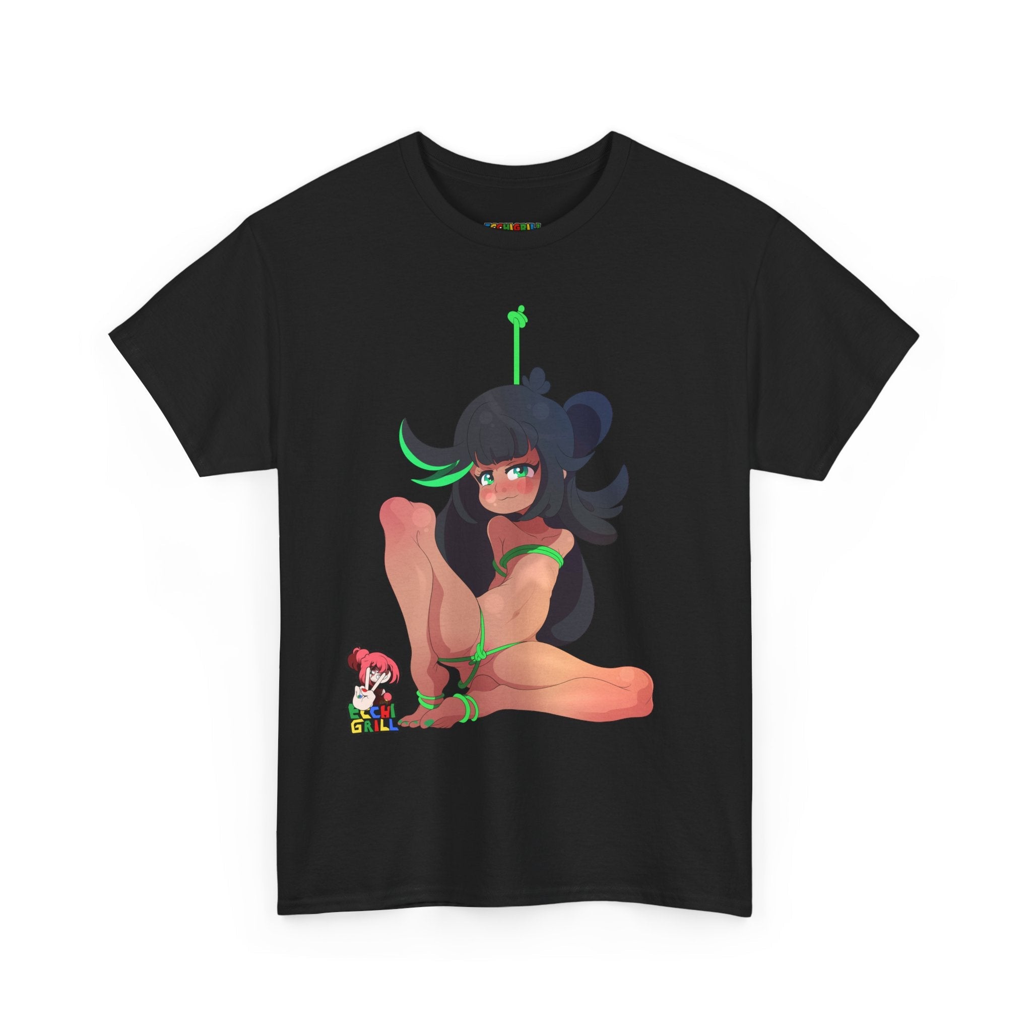 Shy Bound Hentai Waifu Nude Green Rope Bondage Squat Tease - NSFW Adult Anime T-Shirt