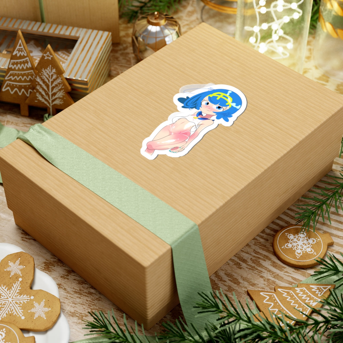 Anime Girl Kiss-Cut Sticker — Cute Blue Hair Character Laptop Decal