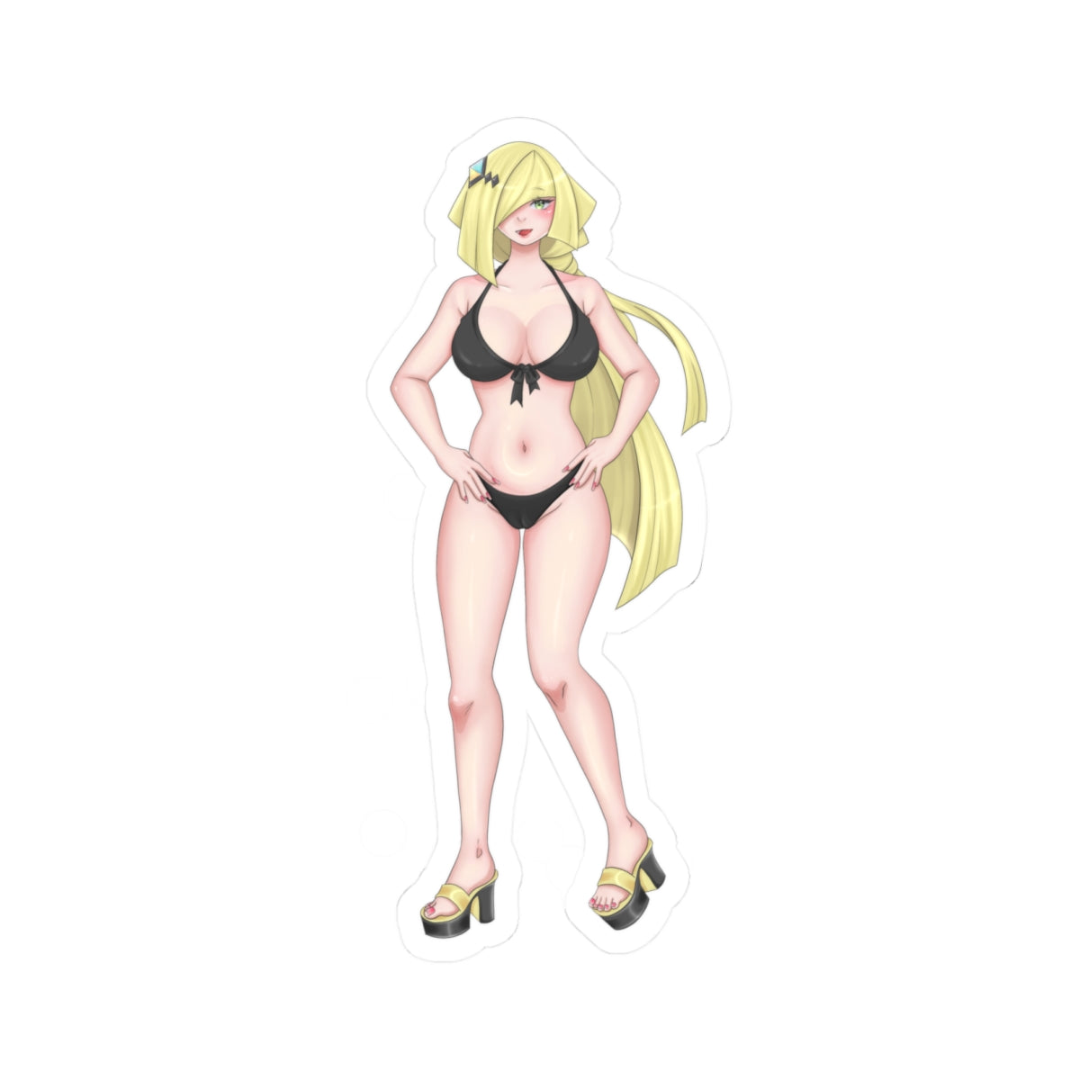Stunning anime blonde girl with long flowing hair and hair clip, standing confidently in a revealing black string bikini with bow detail, huge breasts spilling out of top, toned waist and thick thighs, wearing yellow platform heels, hands on hips, seductive expression, transparent sticker outline.