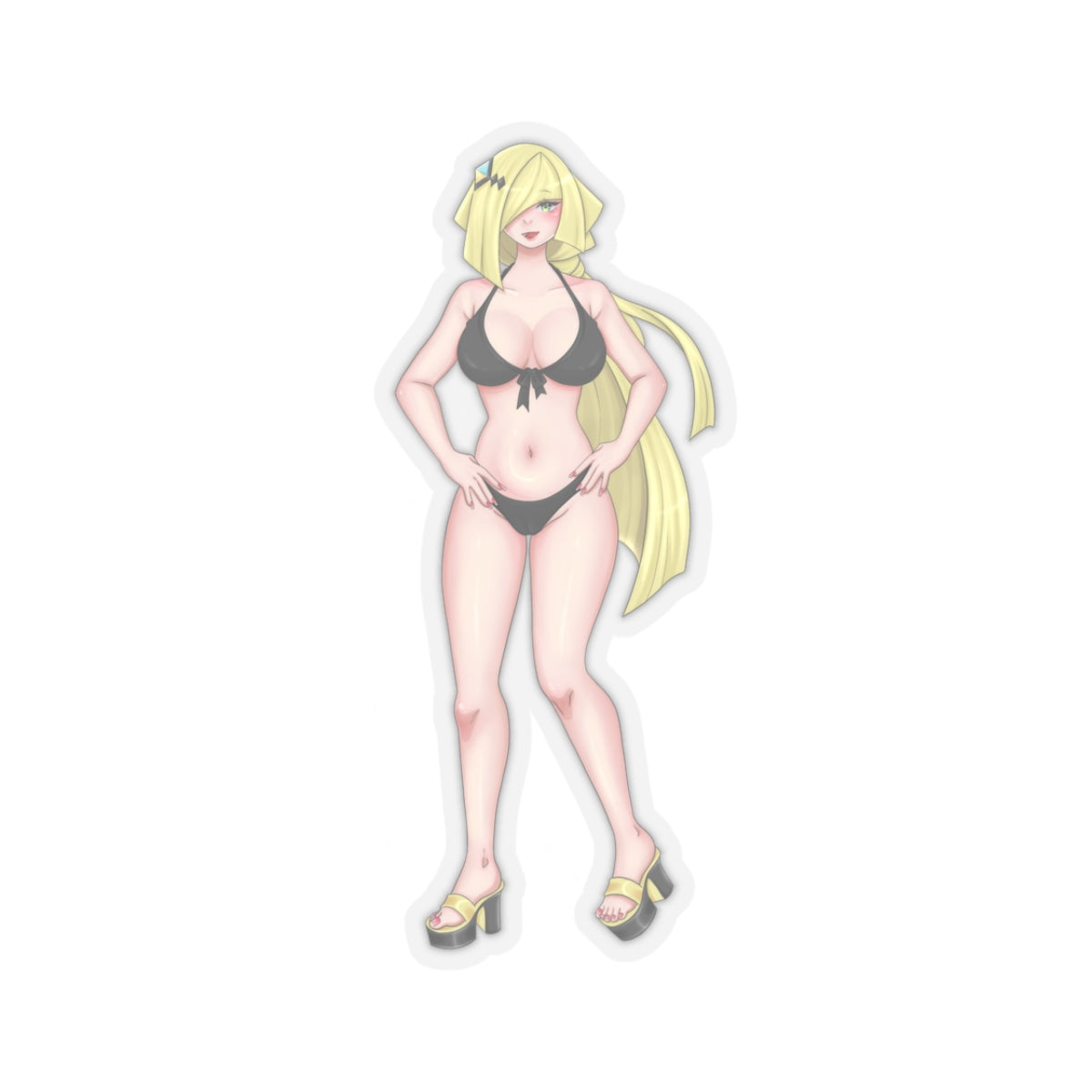Stunning anime blonde girl with long flowing hair and hair clip, standing confidently in a revealing black string bikini with bow detail, huge breasts spilling out of top, toned waist and thick thighs, wearing yellow platform heels, hands on hips, seductive expression, transparent sticker outline.