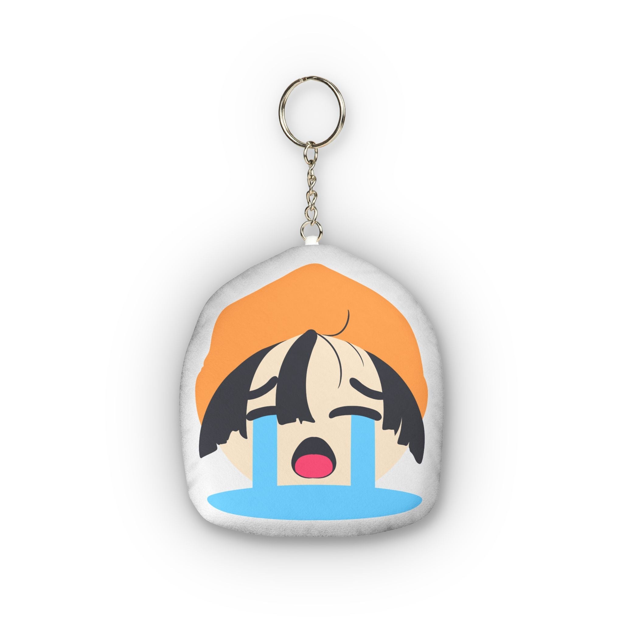 Anime girl plush keychain showing exaggerated ahegao face with eyes rolled back, wide open mouth, heavy blue tears streaming down, orange beanie, black hair, flushed cheeks and ecstatic overwhelmed expression.