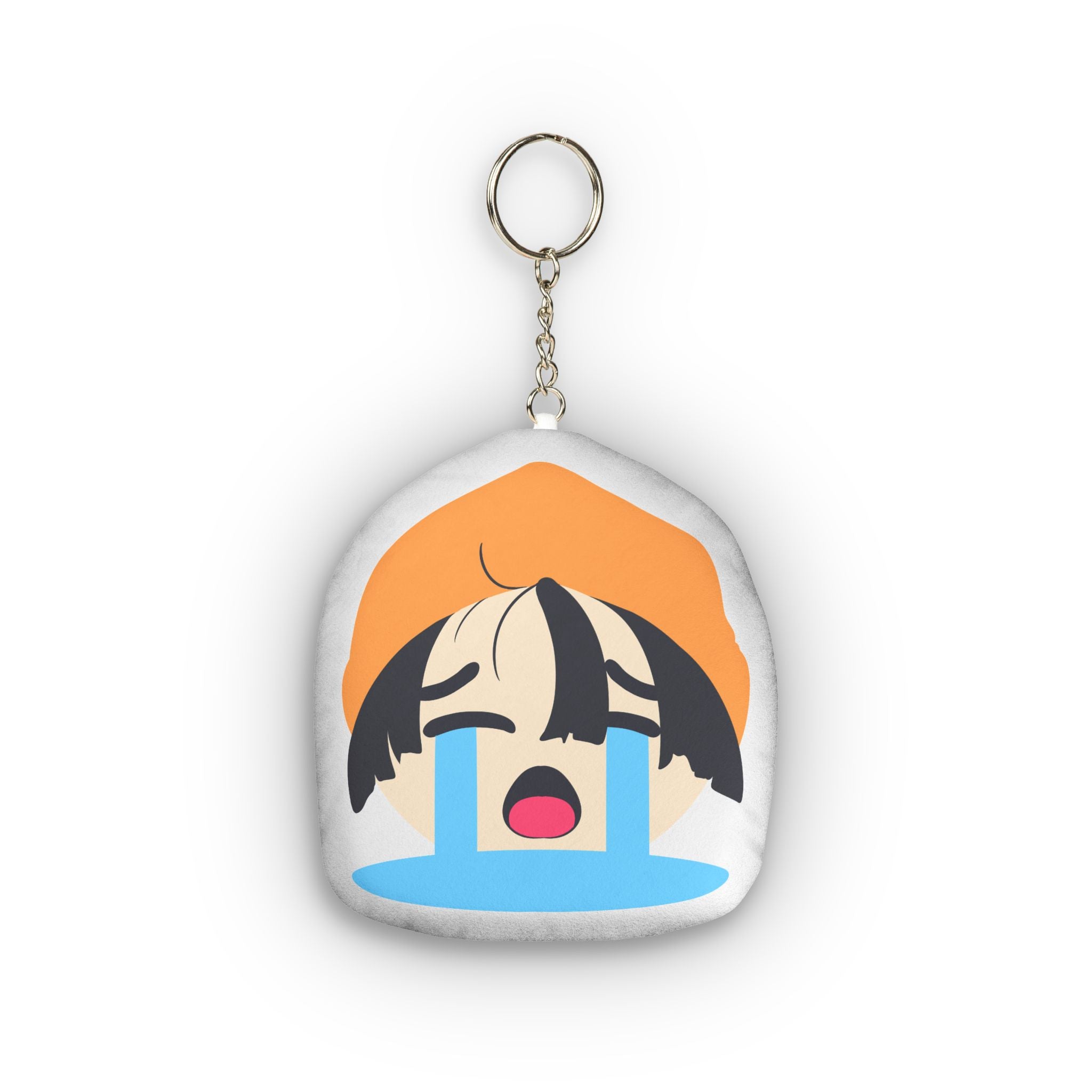 Anime girl plush keychain showing exaggerated ahegao face with eyes rolled back, wide open mouth, heavy blue tears streaming down, orange beanie, black hair, flushed cheeks and ecstatic overwhelmed expression.