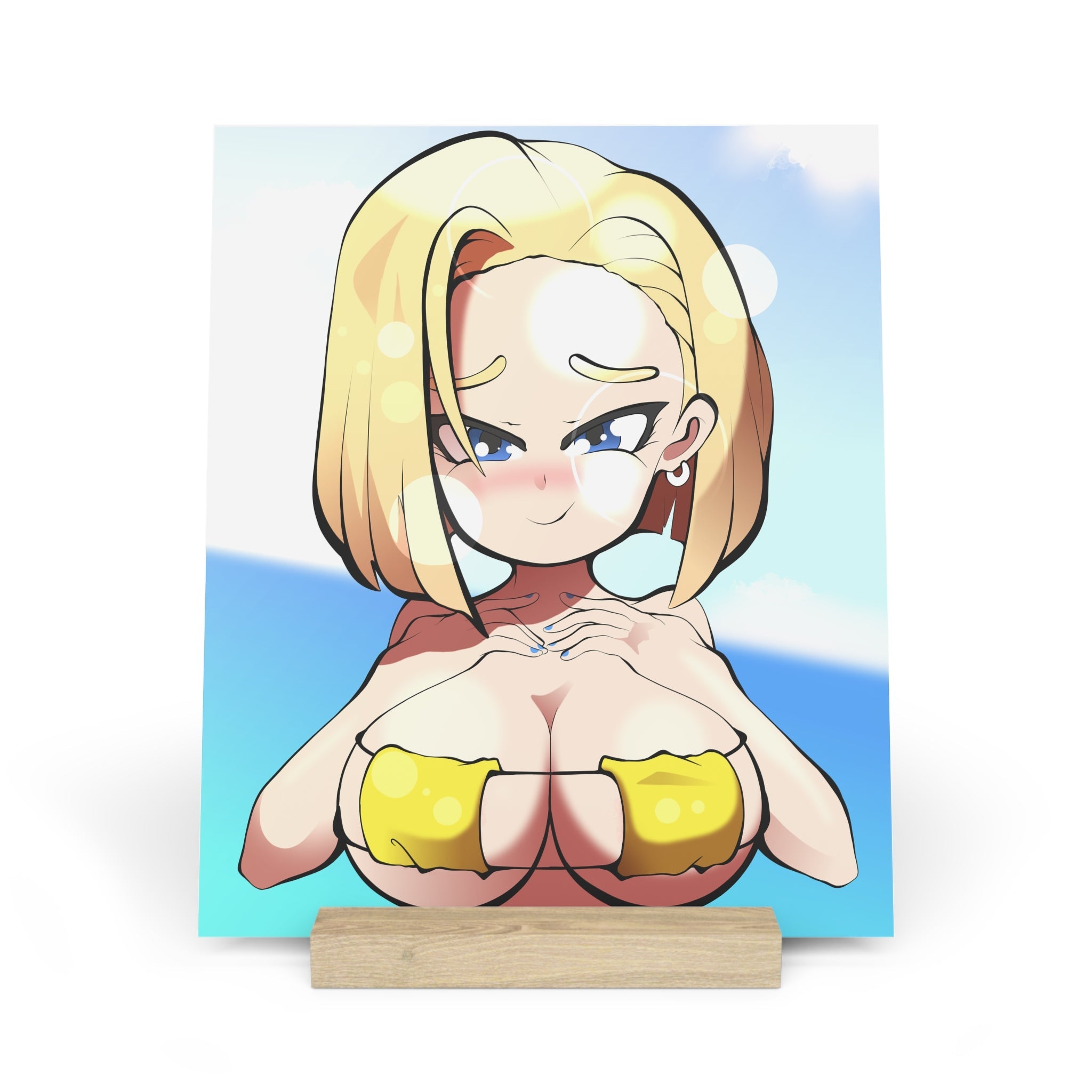 Cute chibi Android 18 from Dragon Ball with short blonde hair, blue eyes and bratty pouty blush, yellow micro bikini top straining over huge round breasts squeezed tight in deep cleavage by her hands, red crop top accents, sunny beach horizon with bright blue ocean and fluffy clouds background.