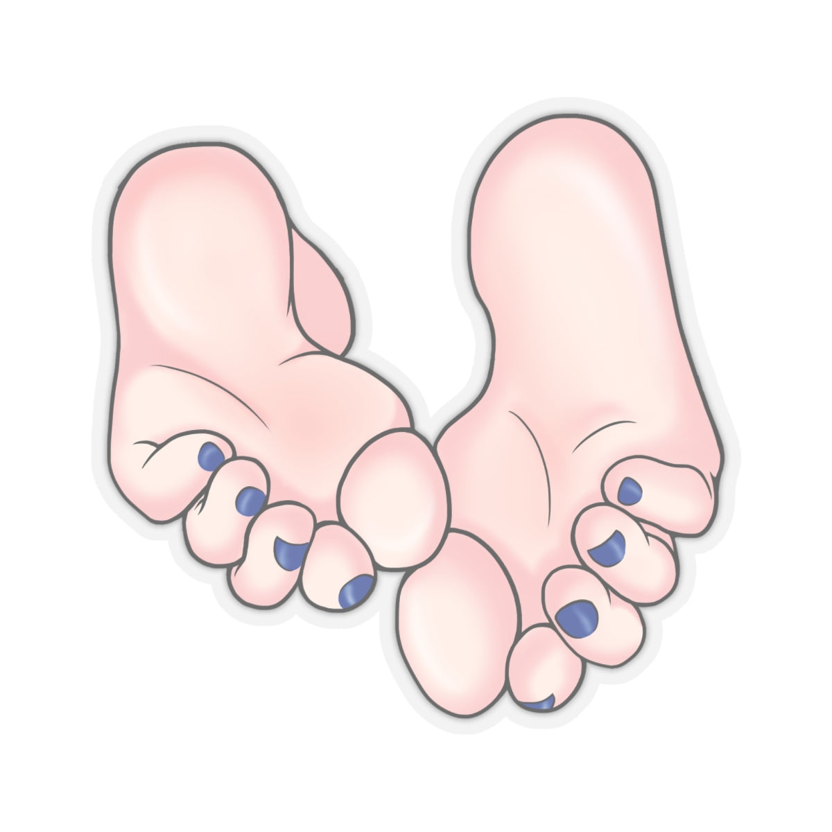 Close-up view of cute anime girl soles facing forward, soft pink feet with detailed wrinkles and arches, painted glossy blue toenails on perfectly shaped toes, playful foot fetish pose.